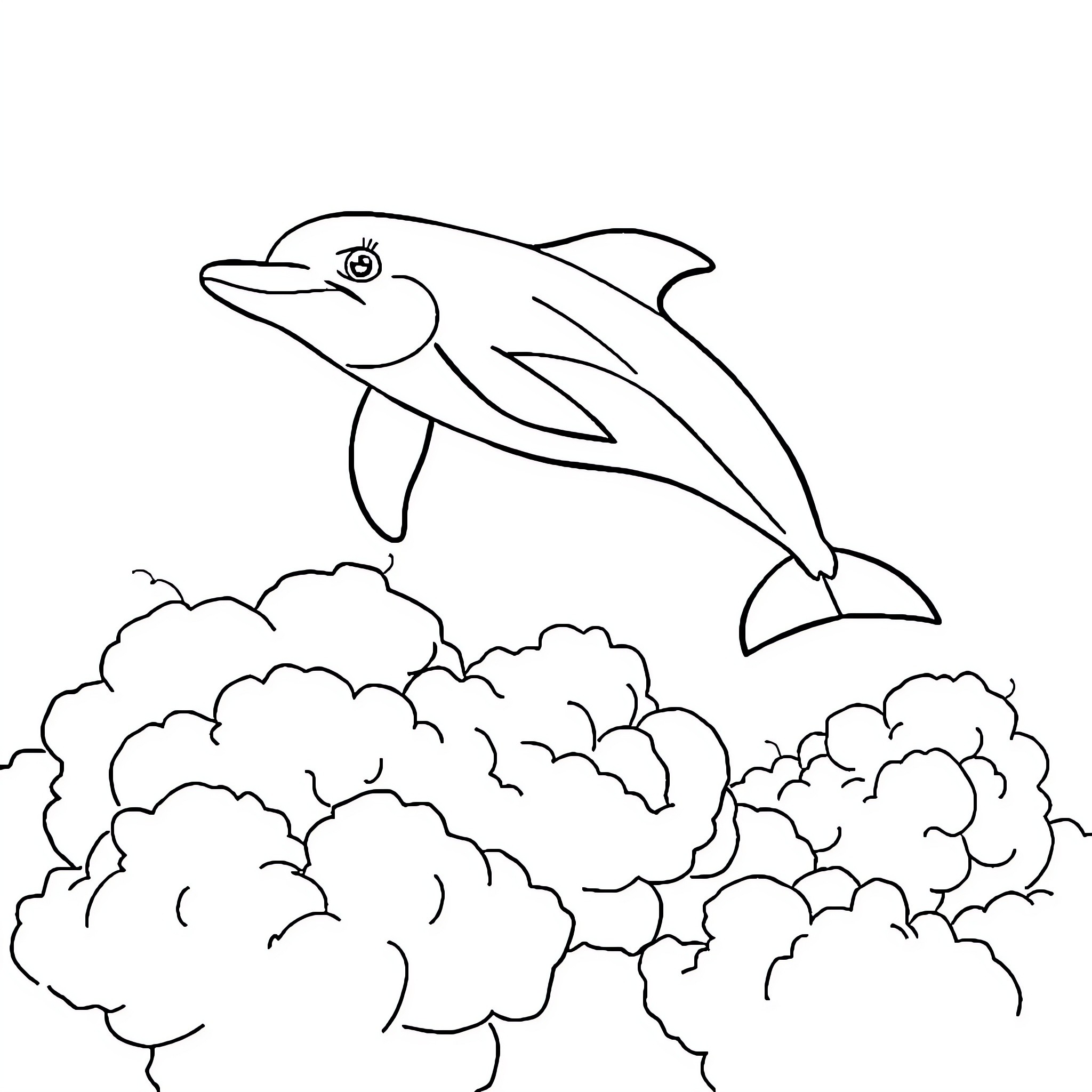 Dolphin leaping above the clouds Coloring Page (free black-and-white line drawing printable PDF for all, from beginners to advanced learners, including children, teens, adults, and seniors)