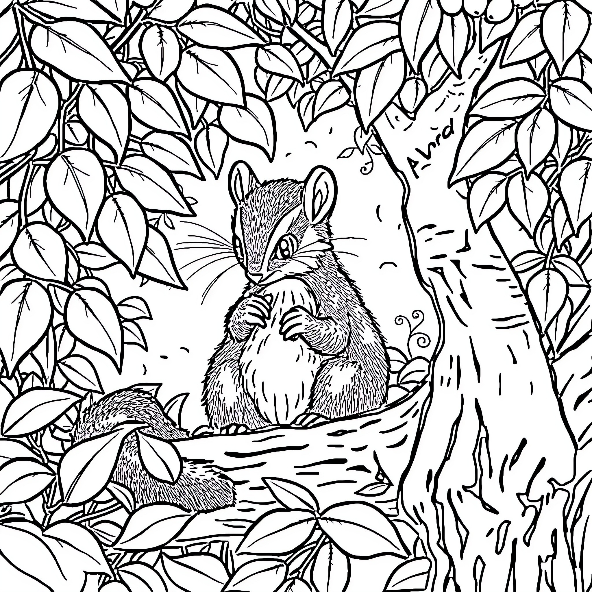 Skunk in the Leafy Forest Coloring Page (free black-and-white line drawing printable PDF for all, from beginners to advanced learners, including children, teens, adults, and seniors)