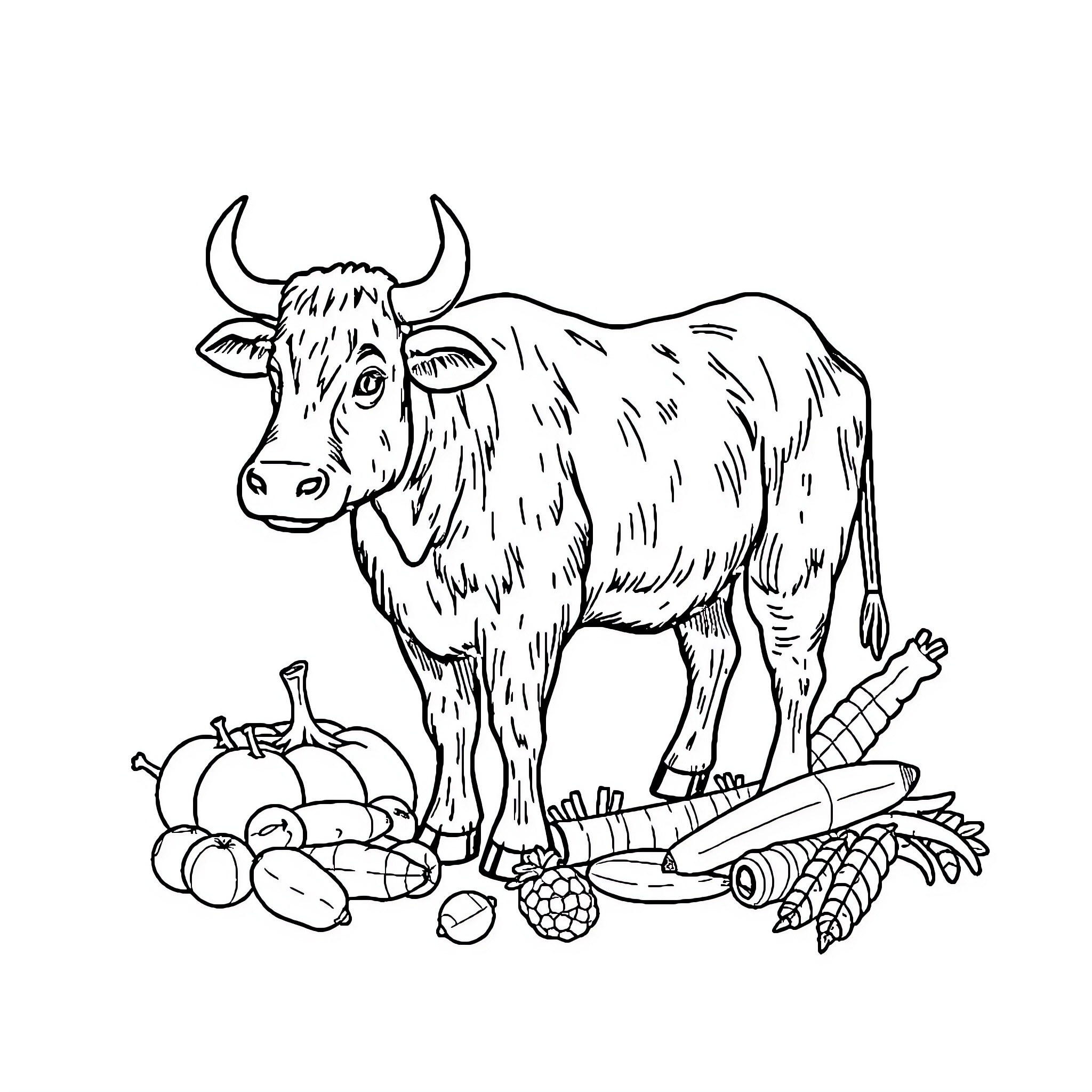 Protein-rich Vegetable Harvest with Grazing Cow Coloring Page (free black-and-white line drawing printable PDF for all, from beginners to advanced learners, including children, teens, adults, and seniors)