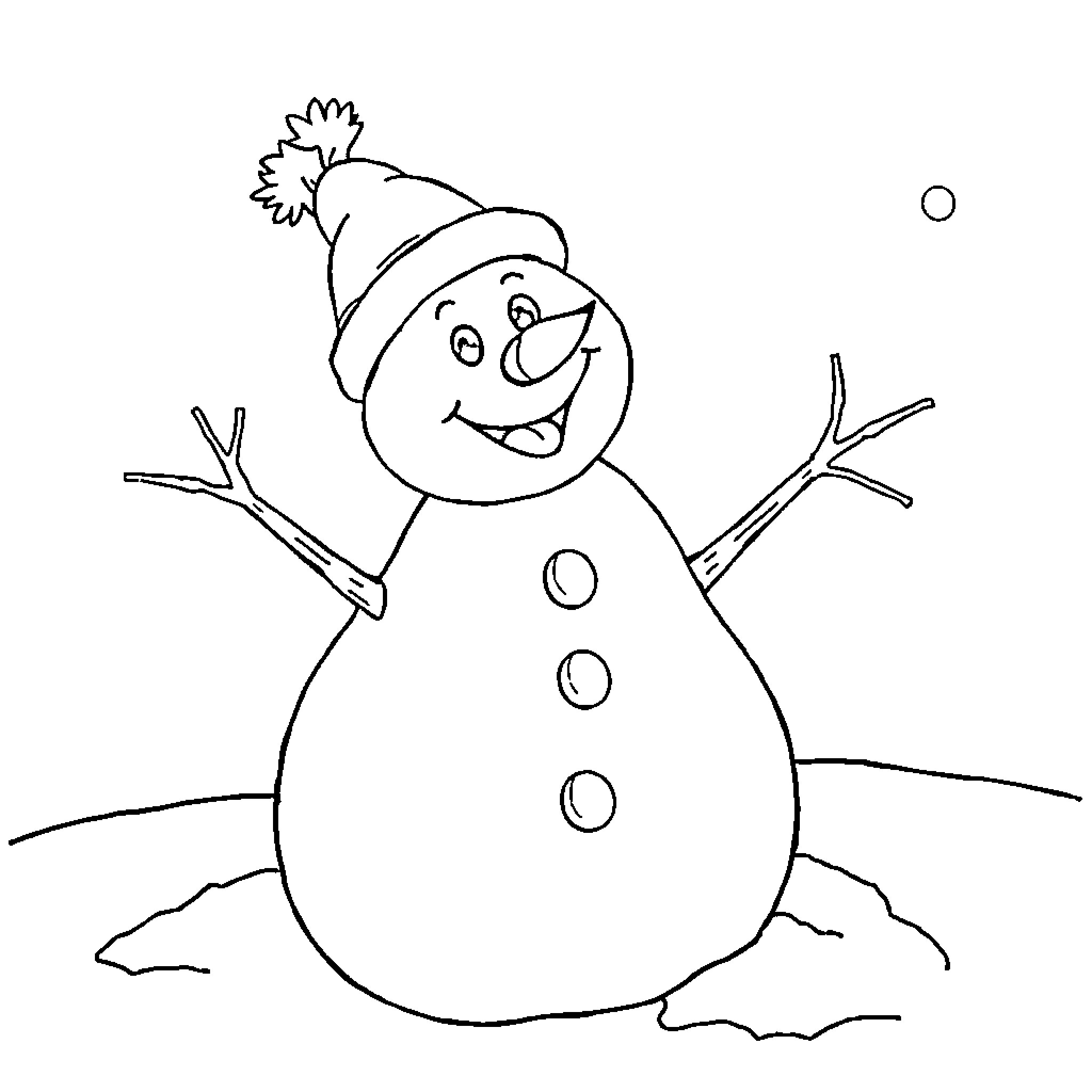 Snowman happily standing in the snow Coloring Page (free black-and-white line drawing printable PDF for all, from beginners to advanced learners, including children, teens, adults, and seniors)