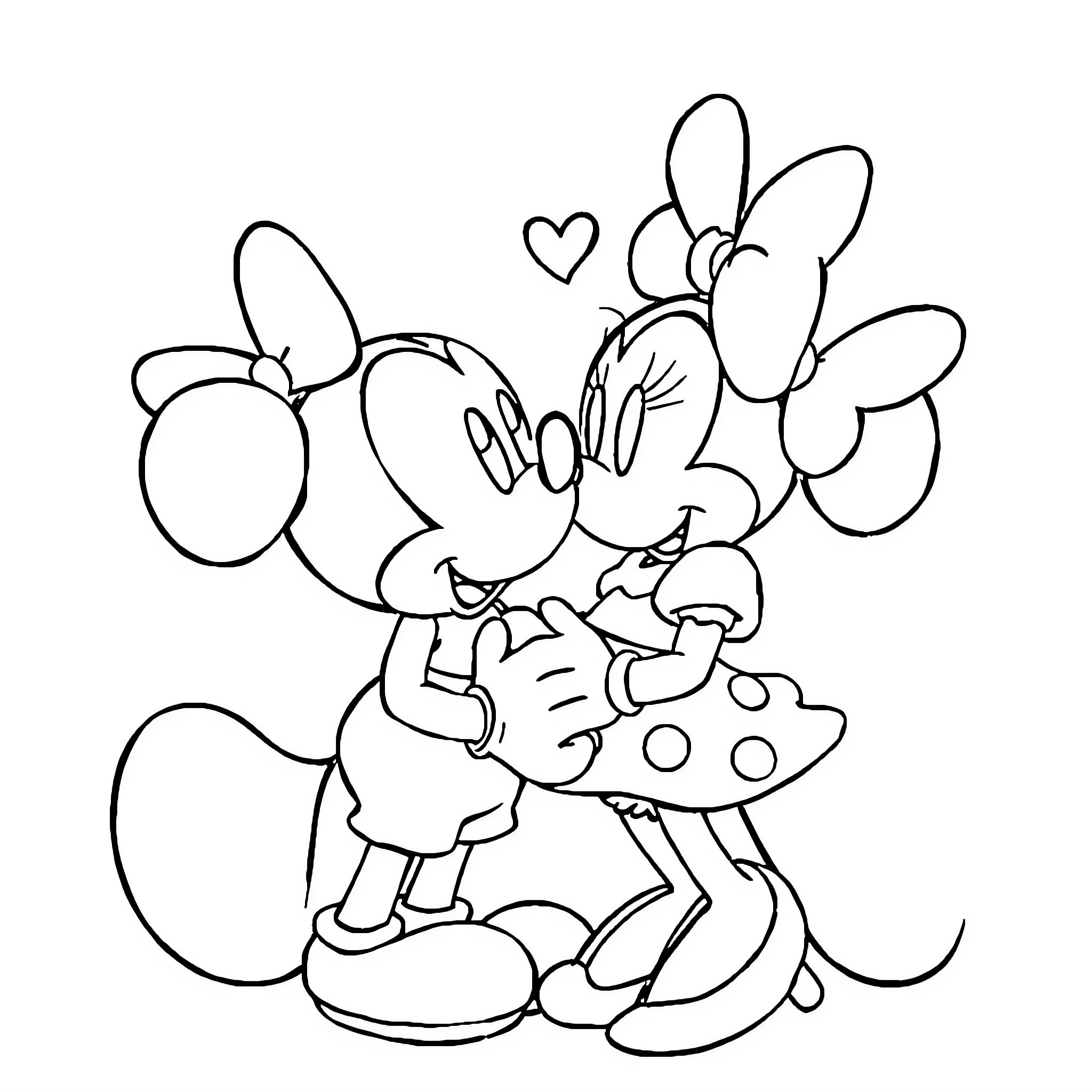 Mickey and Minnie in a loving embrace Coloring Page (free black-and-white line drawing printable PDF for all, from beginners to advanced learners, including children, teens, adults, and seniors)