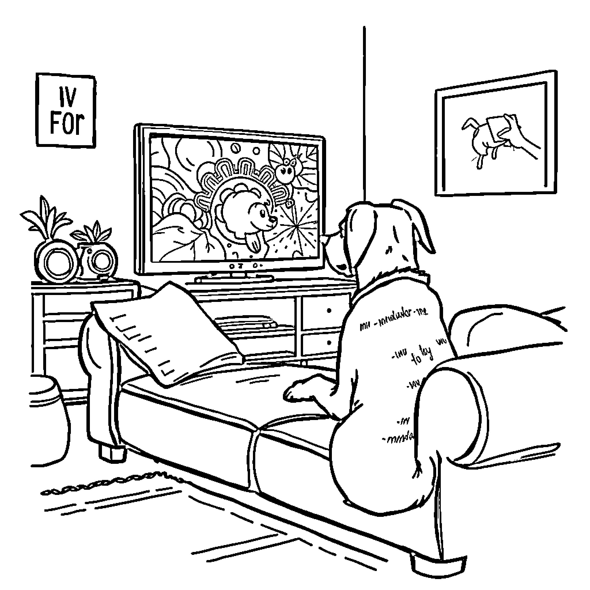 Dog Resting Comfortably on Bed Watching TV Coloring Page (free black-and-white line drawing printable PDF for all, from beginners to advanced learners, including children, teens, adults, and seniors)