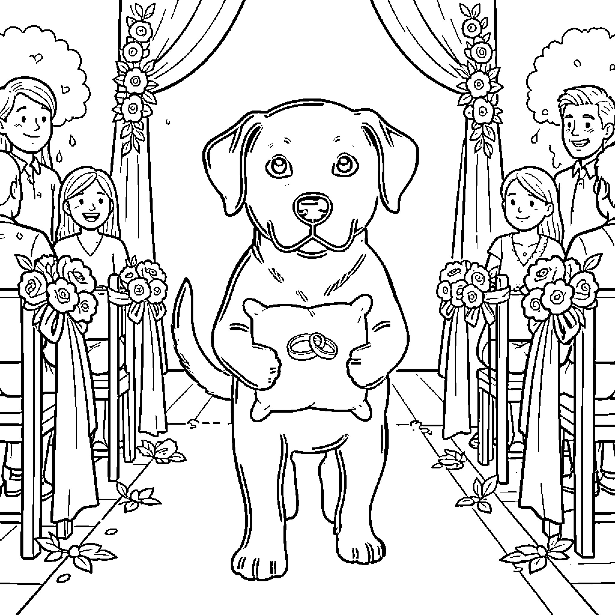 Dog acting as ring bearer during a wedding ceremony Coloring Page (free black-and-white line drawing printable PDF for all, from beginners to advanced learners, including children, teens, adults, and seniors)