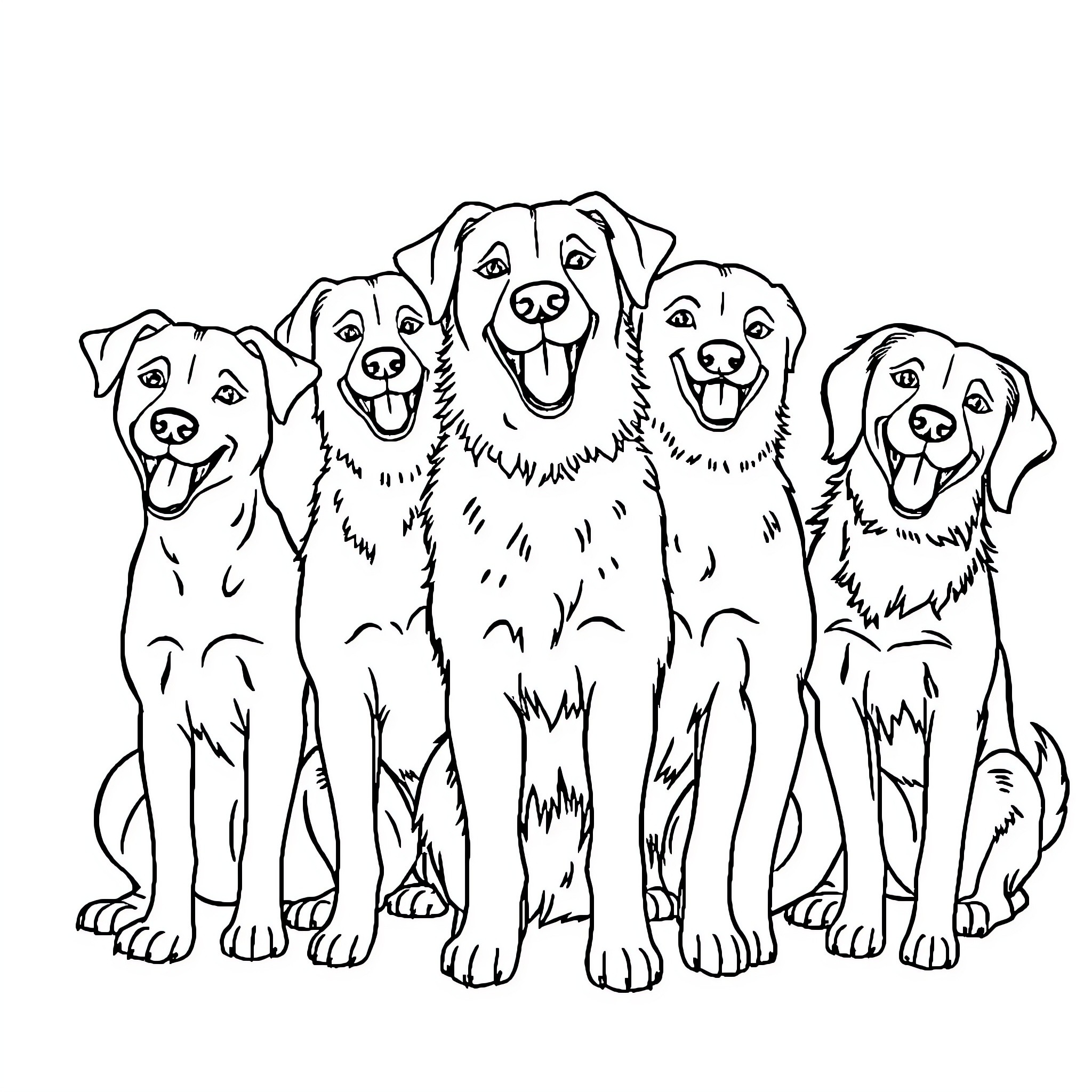 Dog friends posing happily together Coloring Page (free black-and-white line drawing printable PDF for all, from beginners to advanced learners, including children, teens, adults, and seniors)