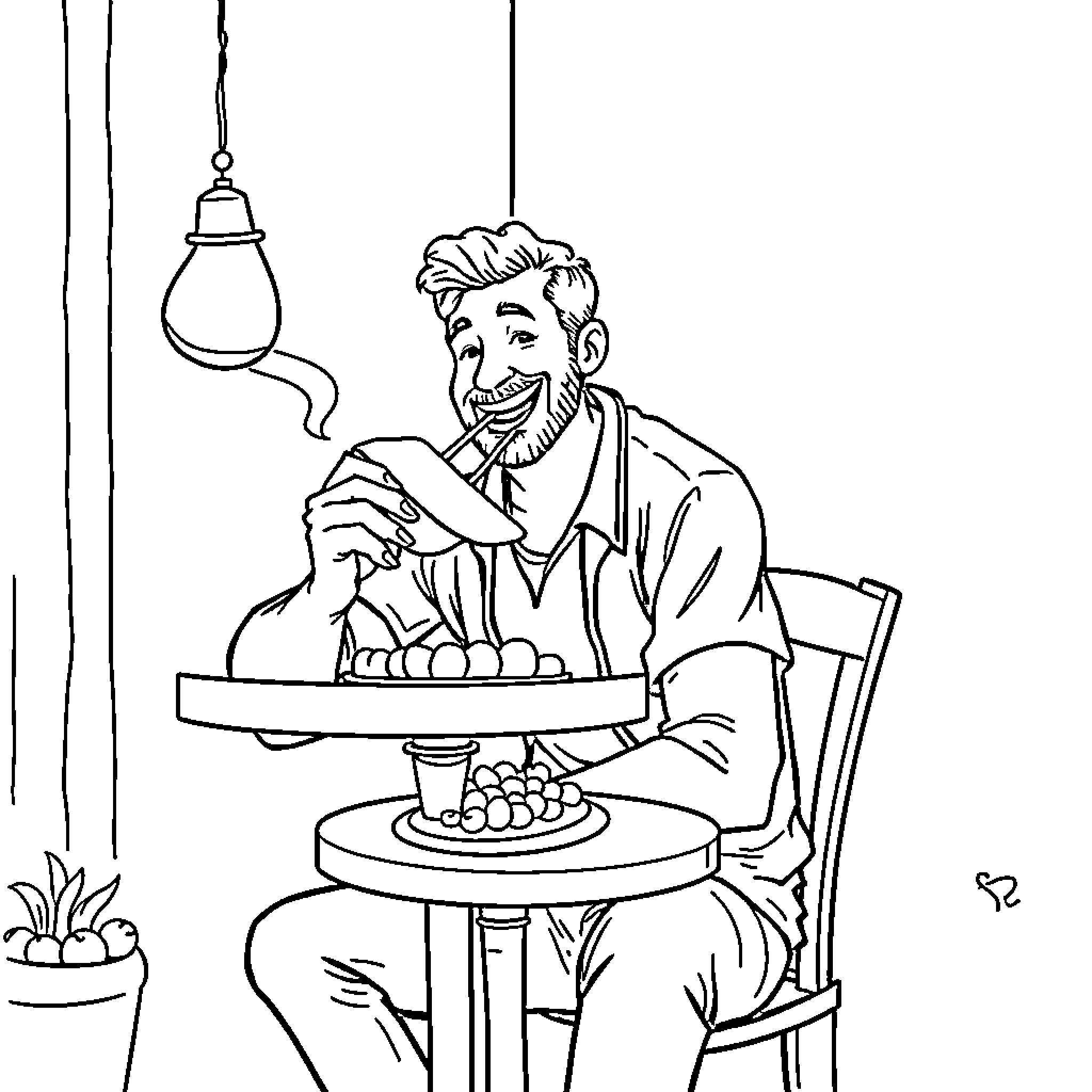 Man enjoying a hearty meal in cozy indoor setting Coloring Page (free black-and-white line drawing printable PDF for all, from beginners to advanced learners, including children, teens, adults, and seniors)