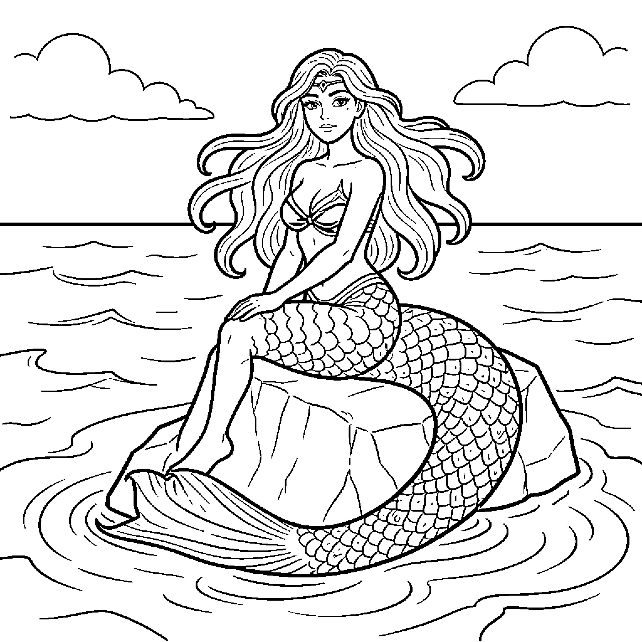 Mermaid sitting gracefully on a rock by the sea Coloring Page (free black-and-white line drawing printable PDF for all, from beginners to advanced learners, including children, teens, adults, and seniors)