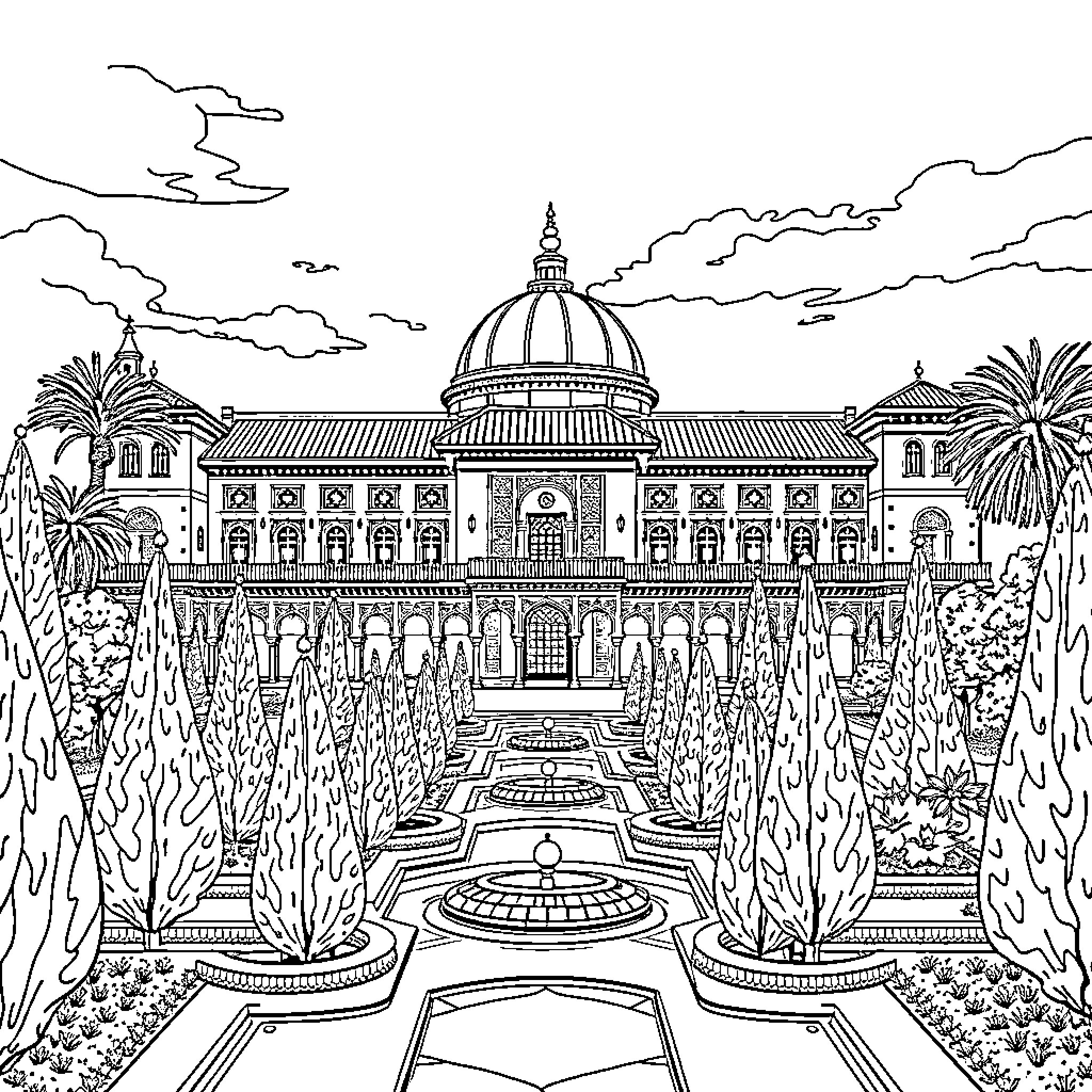 Palace of Elaborate Architecture and Ornate Gardens Coloring Page (free black-and-white line drawing printable PDF for all, from beginners to advanced learners, including children, teens, adults, and seniors)