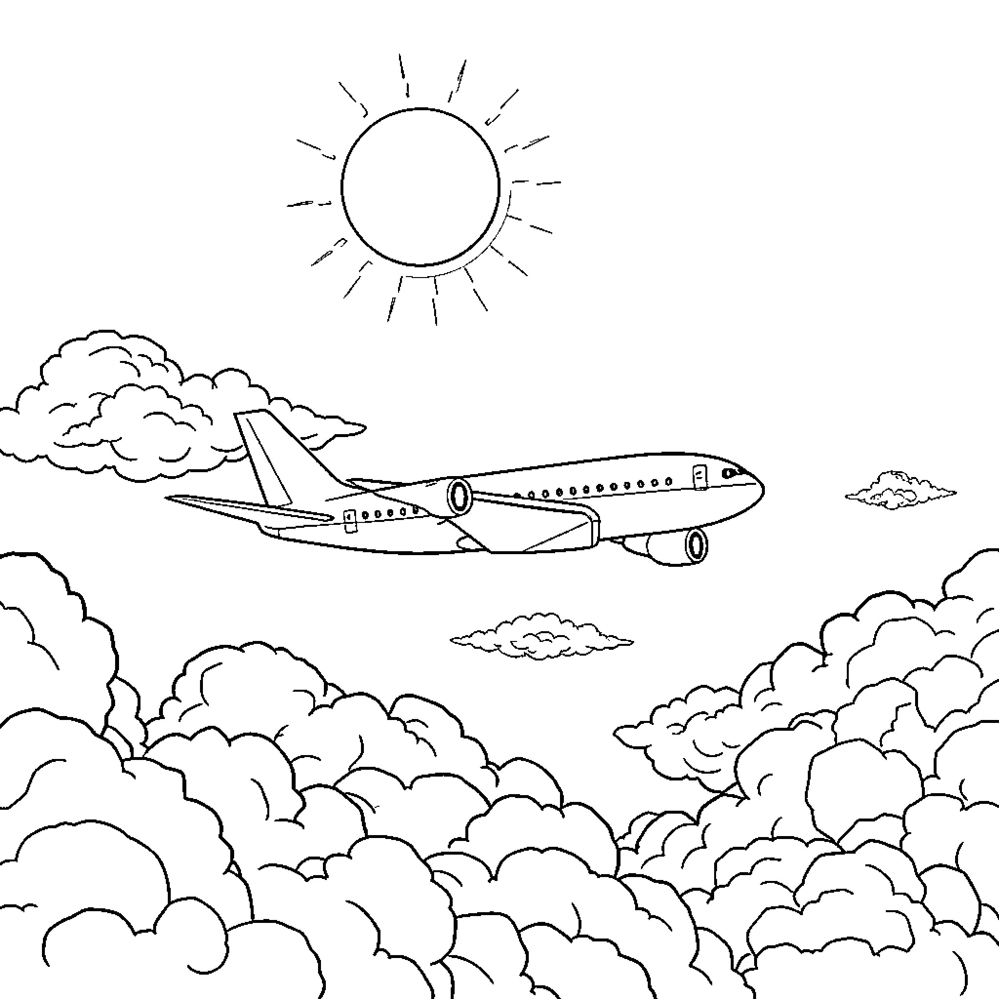 Aeroplane soaring through cloudy skies Coloring Page (free black-and-white line drawing printable PDF for all, from beginners to advanced learners, including children, teens, adults, and seniors)
