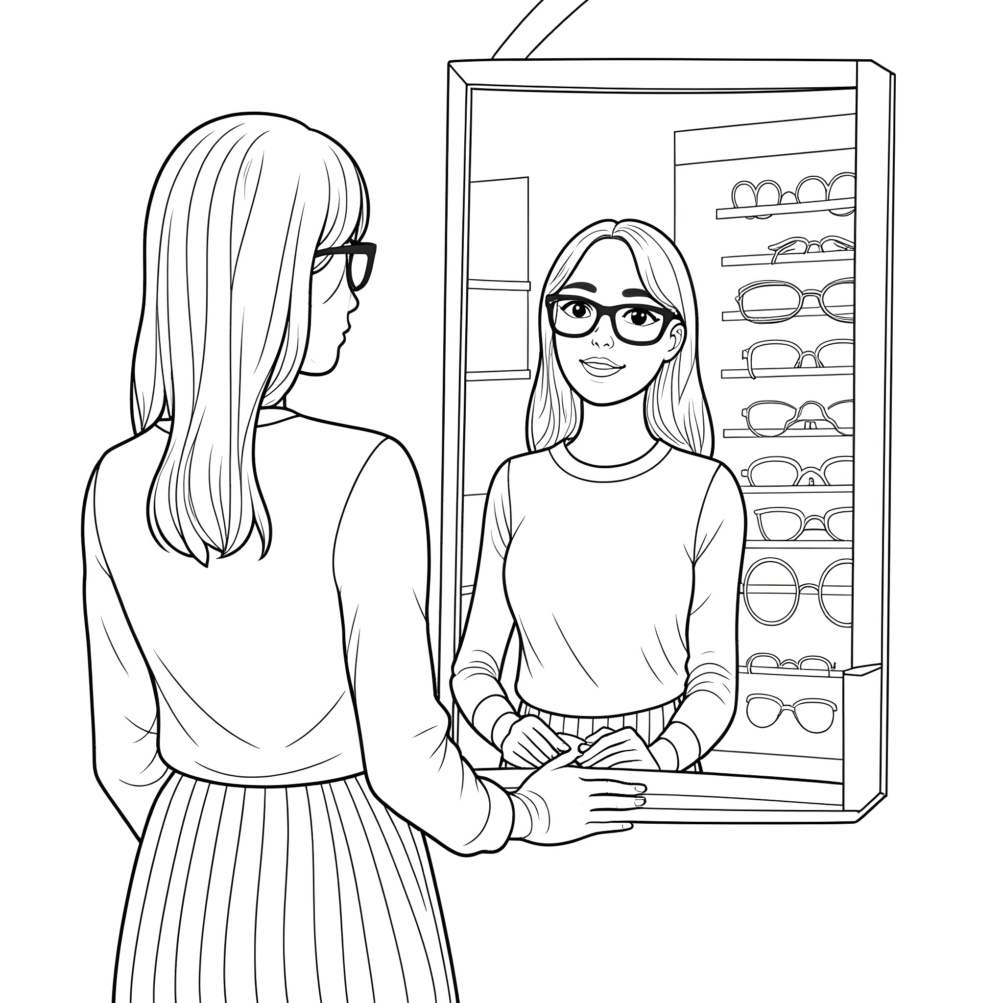 Woman Selecting Eyeglasses from Display Coloring Page (free black-and-white line drawing printable PDF for all, from beginners to advanced learners, including children, teens, adults, and seniors)