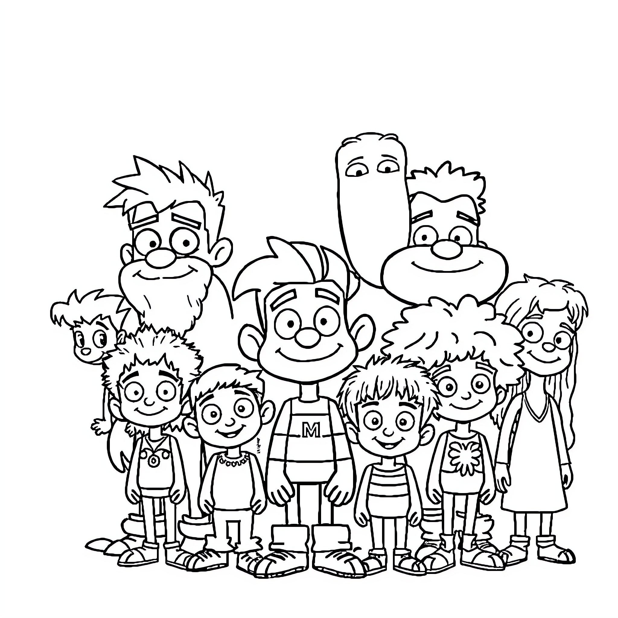 Character Group of Playful and Animated Children Coloring Page (free black-and-white line drawing printable PDF for all, from beginners to advanced learners, including children, teens, adults, and seniors)