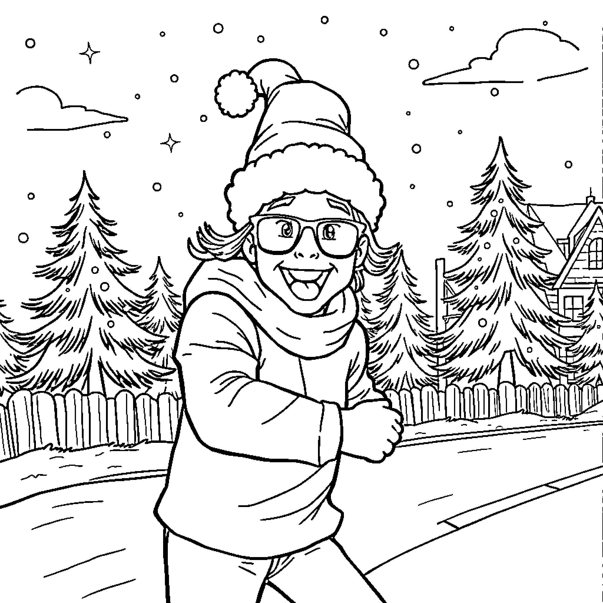 Chase through the Winter Wonderland Coloring Page (free black-and-white line drawing printable PDF for all, from beginners to advanced learners, including children, teens, adults, and seniors)