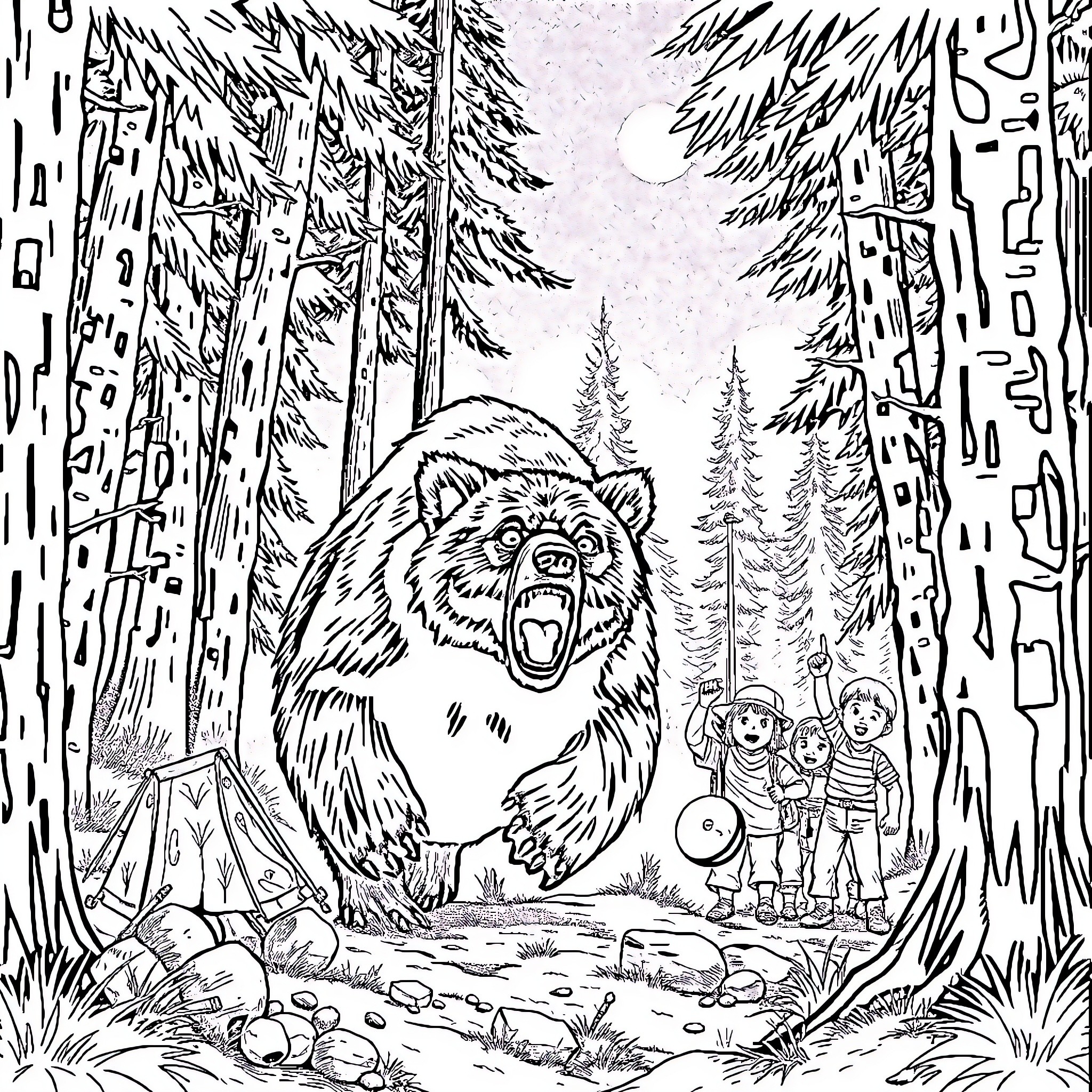 Bear roaring at children in the forest Coloring Page (free black-and-white line drawing printable PDF for all, from beginners to advanced learners, including children, teens, adults, and seniors)
