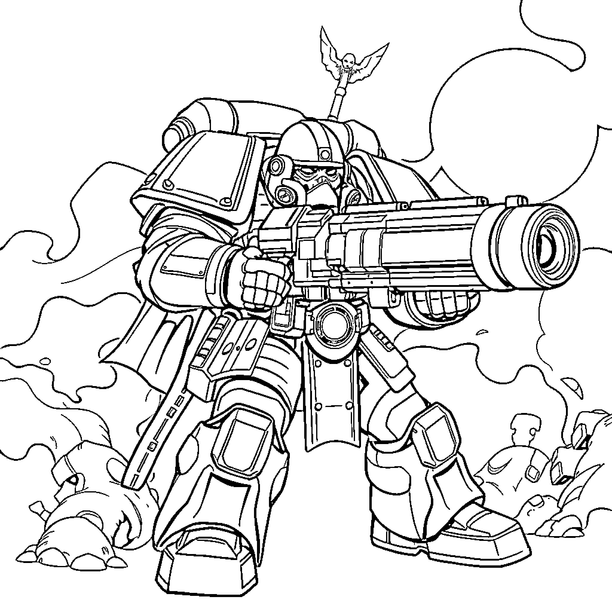 Spacemarine armed warrior in battle stance Coloring Page (free black-and-white line drawing printable PDF for all, from beginners to advanced learners, including children, teens, adults, and seniors)