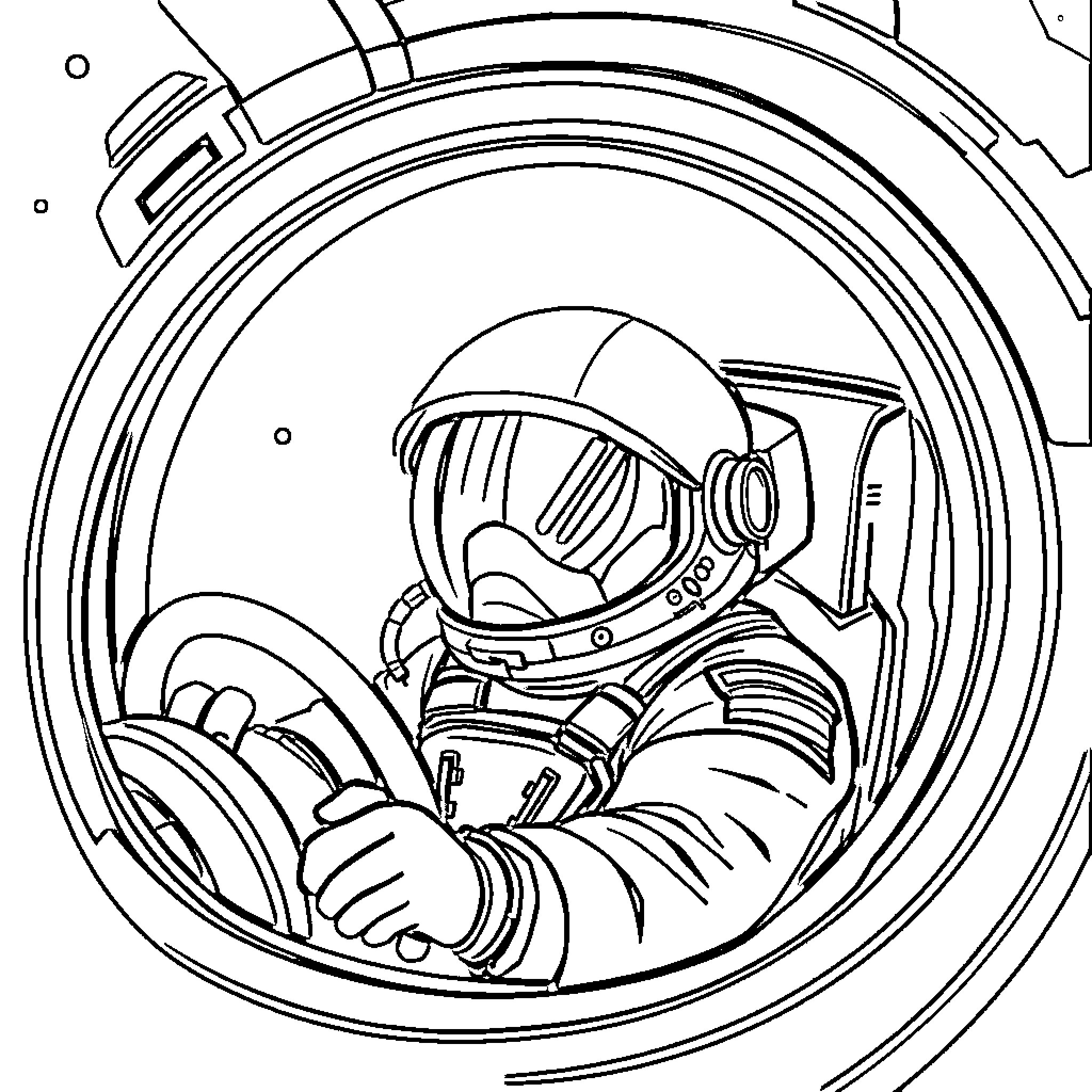 Astronaut floating in space capsule Coloring Page (free black-and-white line drawing printable PDF for all, from beginners to advanced learners, including children, teens, adults, and seniors)