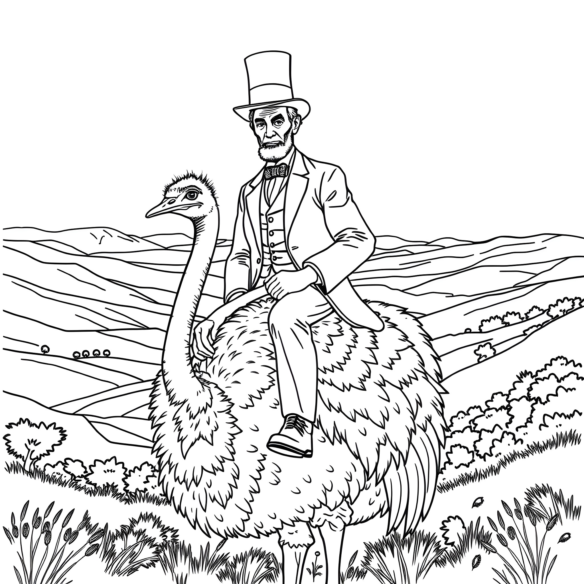 Abraham Lincoln riding a large ostrich in a rural landscape Coloring Page (free black-and-white line drawing printable PDF for all, from beginners to advanced learners, including children, teens, adults, and seniors)