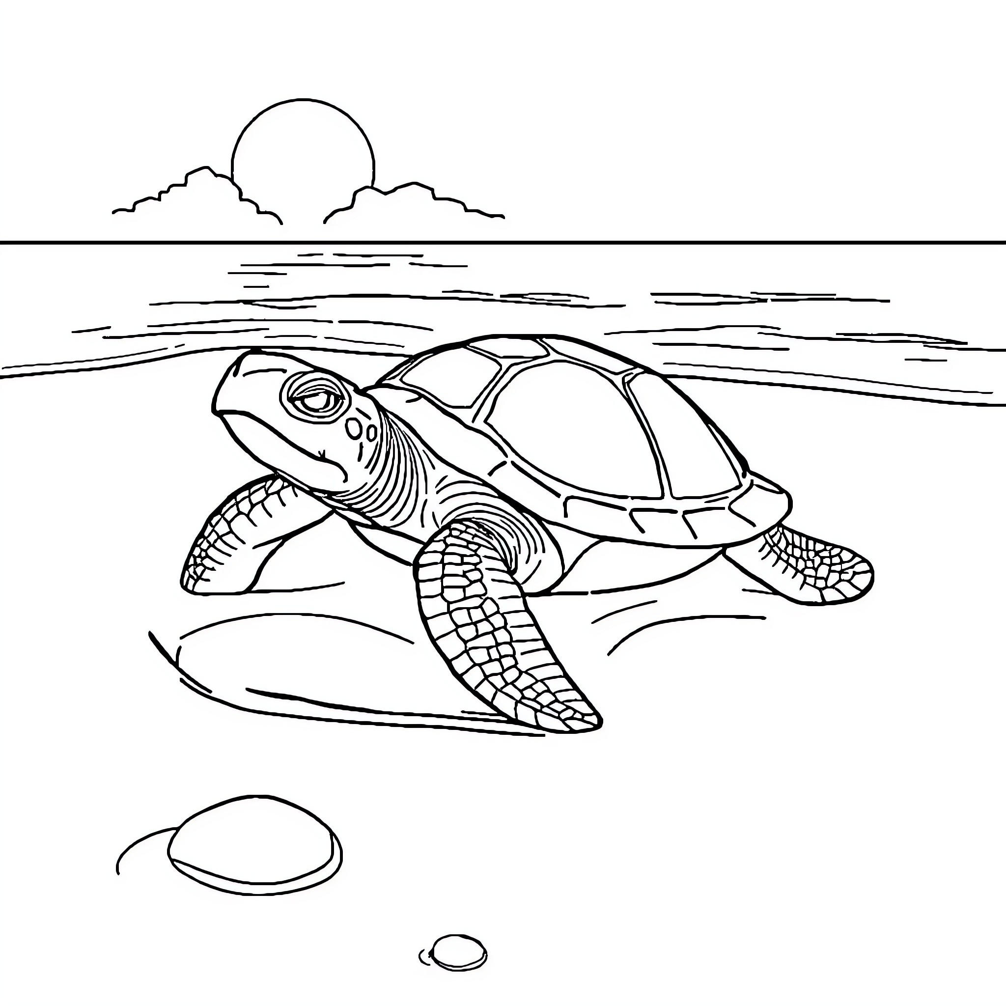 Turtle Swimming in the Ocean Coloring Page (free black-and-white line drawing printable PDF for all, from beginners to advanced learners, including children, teens, adults, and seniors)