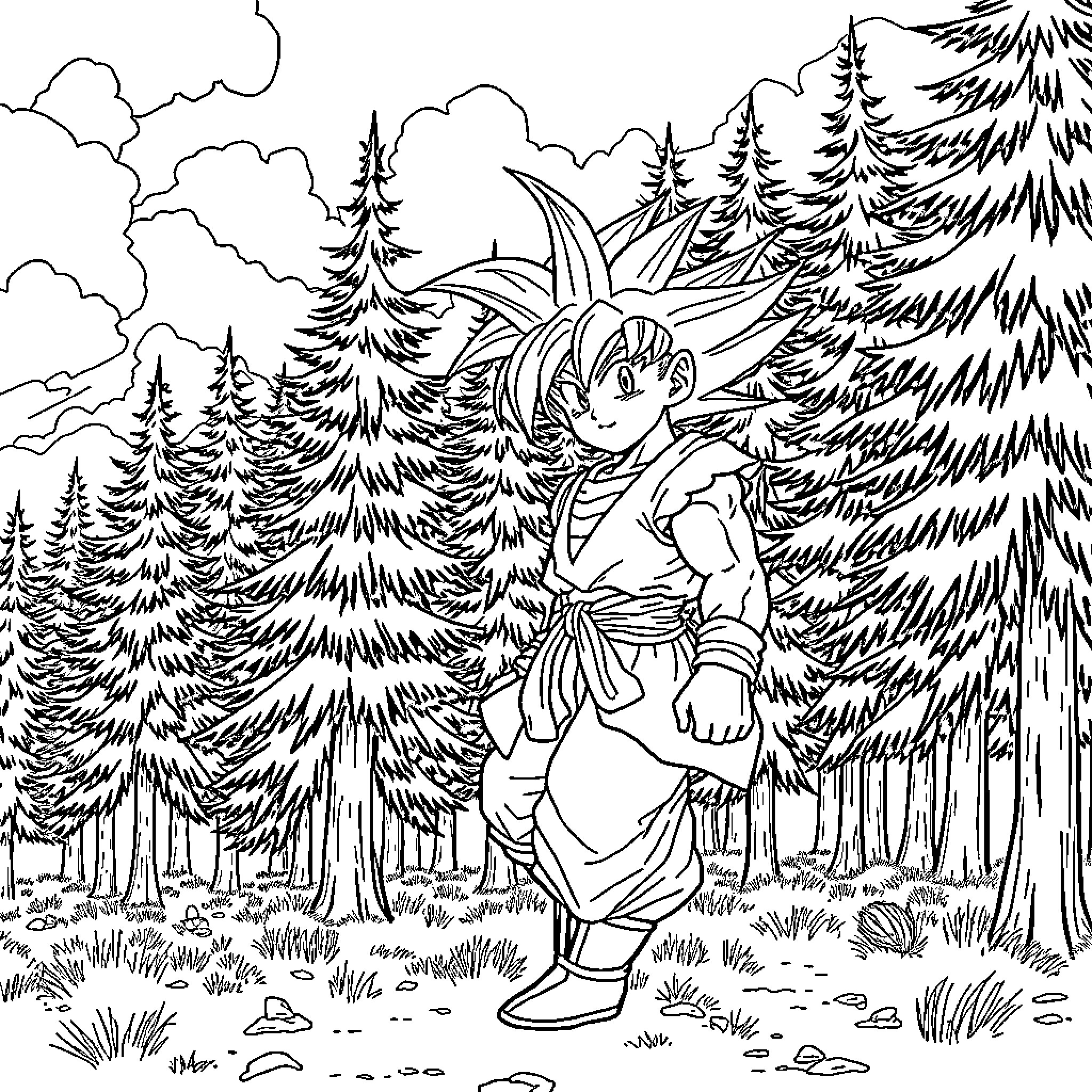 Goku exploring the enchanted forest Coloring Page (free black-and-white line drawing printable PDF for all, from beginners to advanced learners, including children, teens, adults, and seniors)