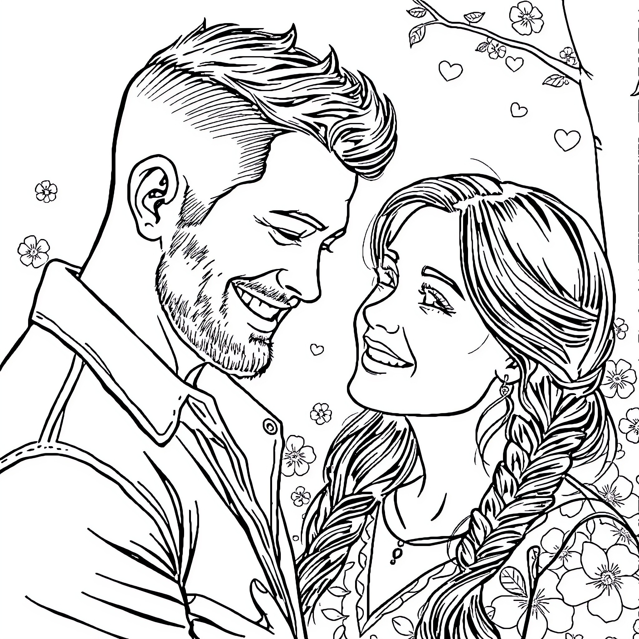 Kevin Richardson with smiling woman in floral setting Coloring Page (free black-and-white line drawing printable PDF for all, from beginners to advanced learners, including children, teens, adults, and seniors)