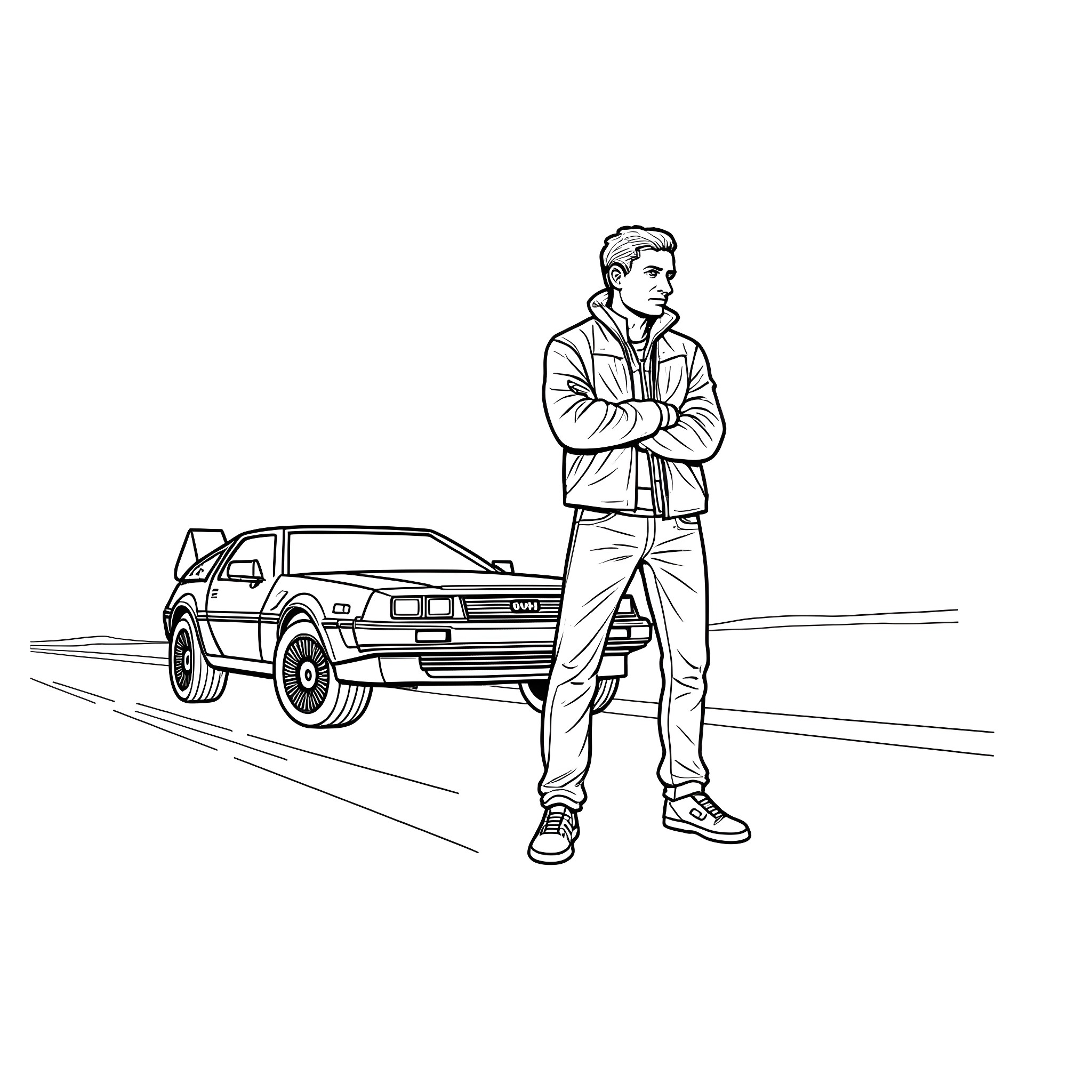 Marty McFly's adventurous journey with his DeLorean Coloring Page (free black-and-white line drawing printable PDF for all, from beginners to advanced learners, including children, teens, adults, and seniors)