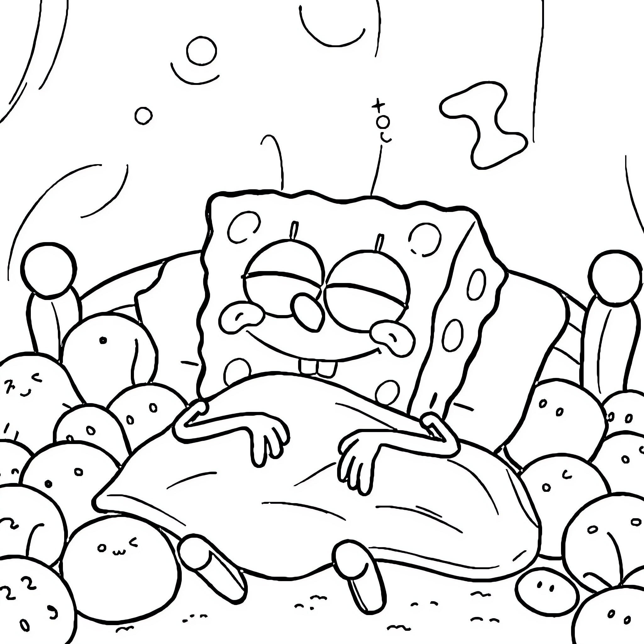 Spongebob relaxing with friends in the ocean Coloring Page (free black-and-white line drawing printable PDF for all, from beginners to advanced learners, including children, teens, adults, and seniors)