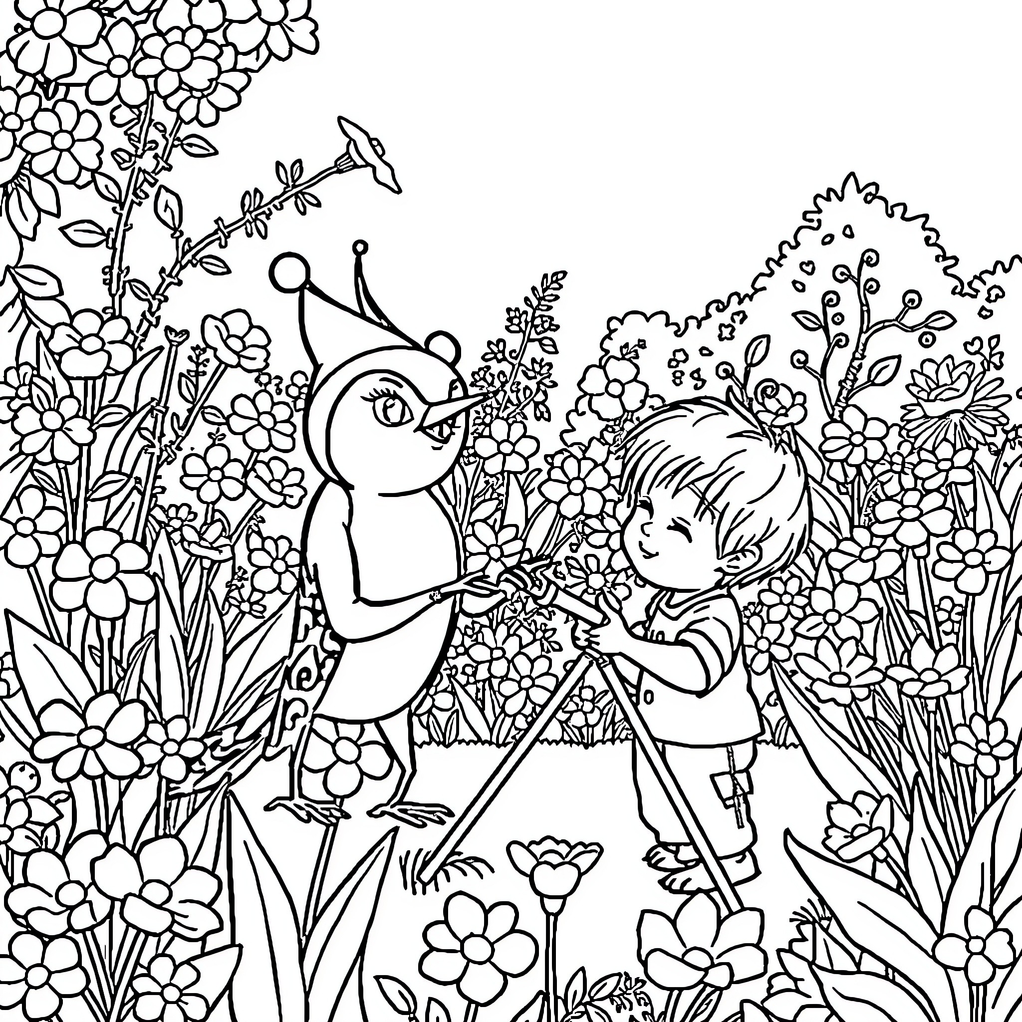 Stella's Whimsical Garden Adventure Coloring Page (free black-and-white line drawing printable PDF for all, from beginners to advanced learners, including children, teens, adults, and seniors)