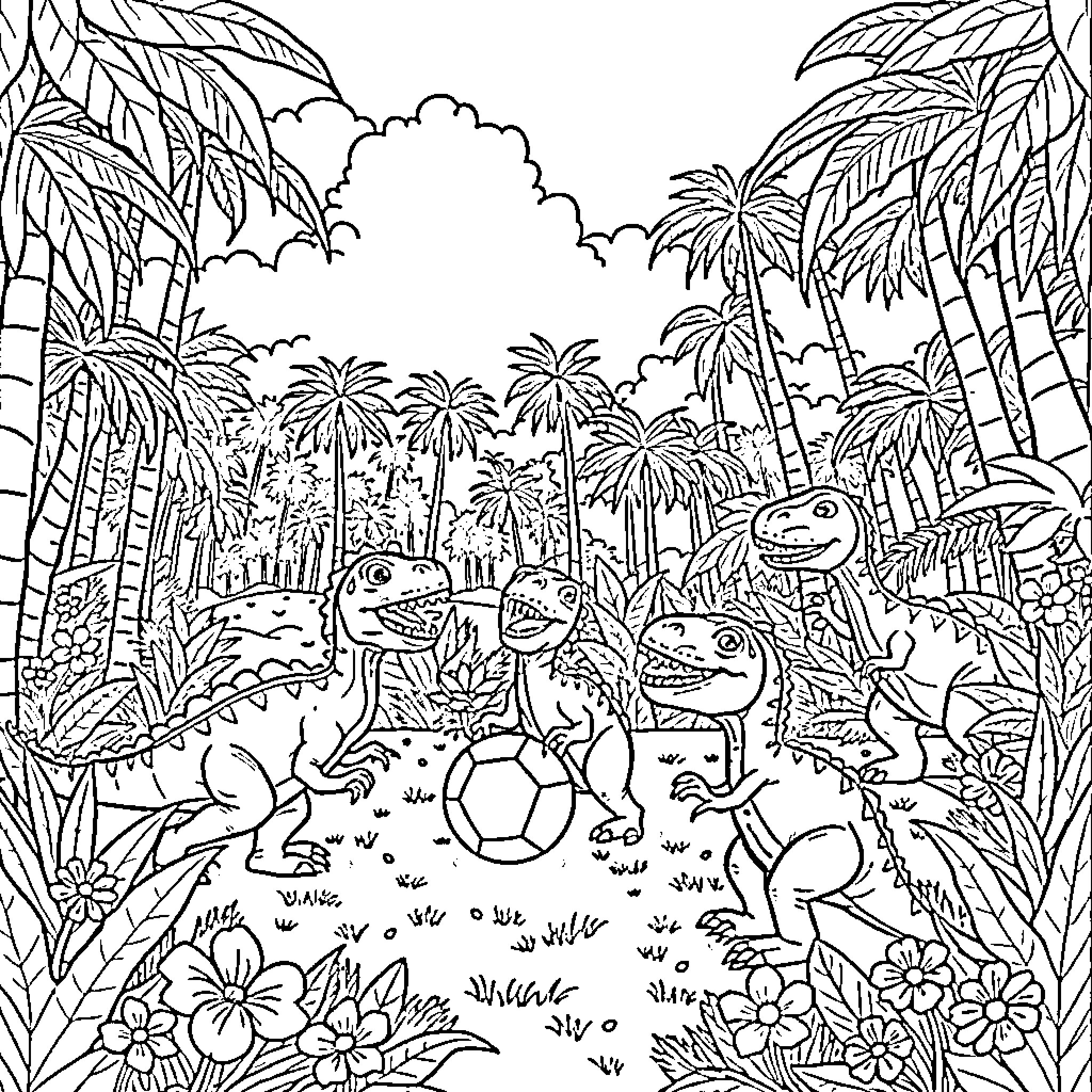Dinosaurs playing in lush tropical jungle landscape Coloring Page (free black-and-white line drawing printable PDF for all, from beginners to advanced learners, including children, teens, adults, and seniors)