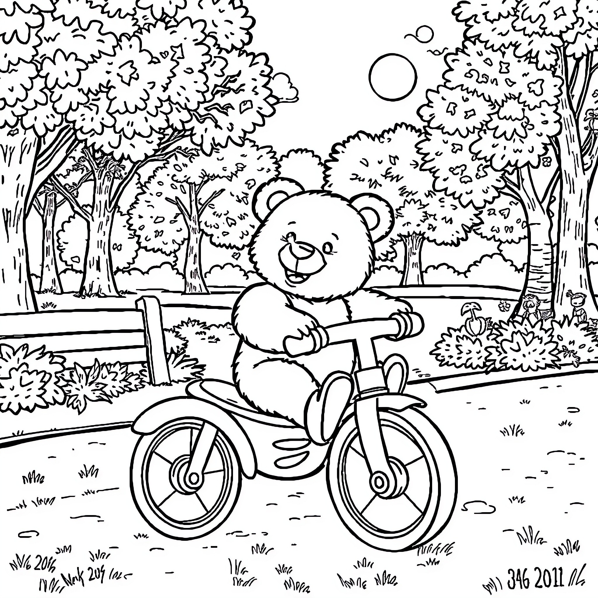 Teddy Bear riding a bicycle in the park Coloring Page (free black-and-white line drawing printable PDF for all, from beginners to advanced learners, including children, teens, adults, and seniors)