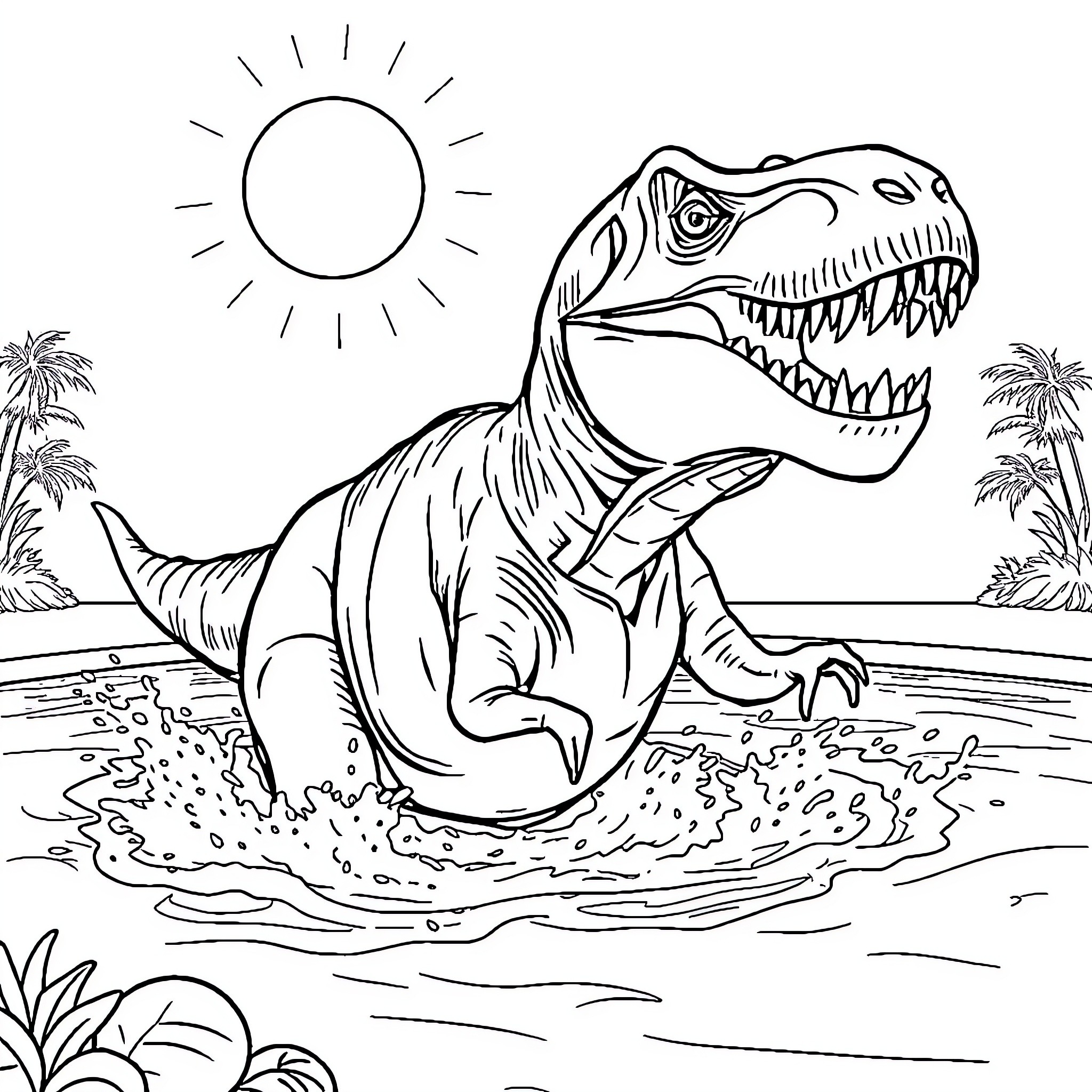 T-Rex roars ferociously in tropical landscape Coloring Page (free black-and-white line drawing printable PDF for all, from beginners to advanced learners, including children, teens, adults, and seniors)