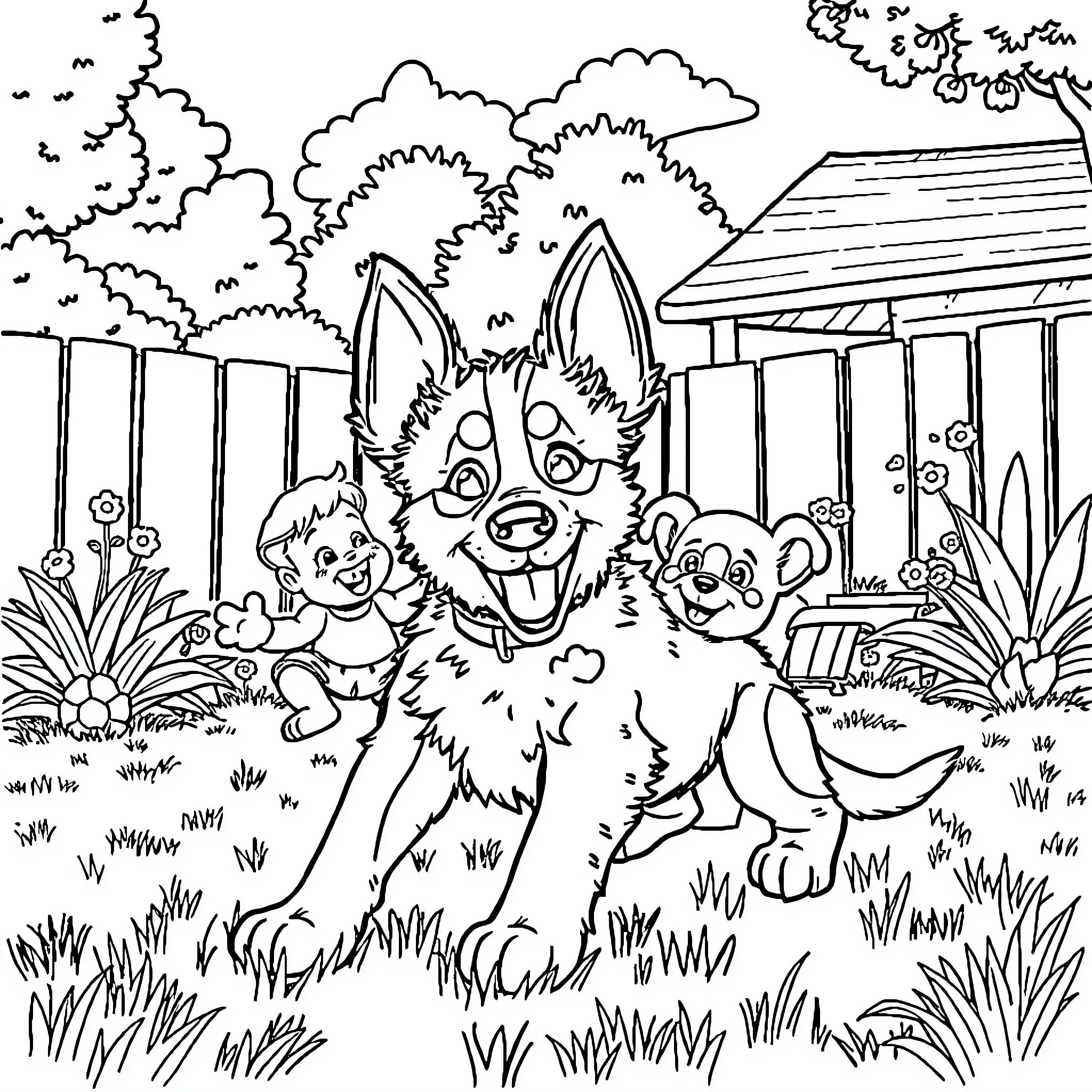 Bluey playing with puppy in backyard setting Coloring Page (free black-and-white line drawing printable PDF for all, from beginners to advanced learners, including children, teens, adults, and seniors)