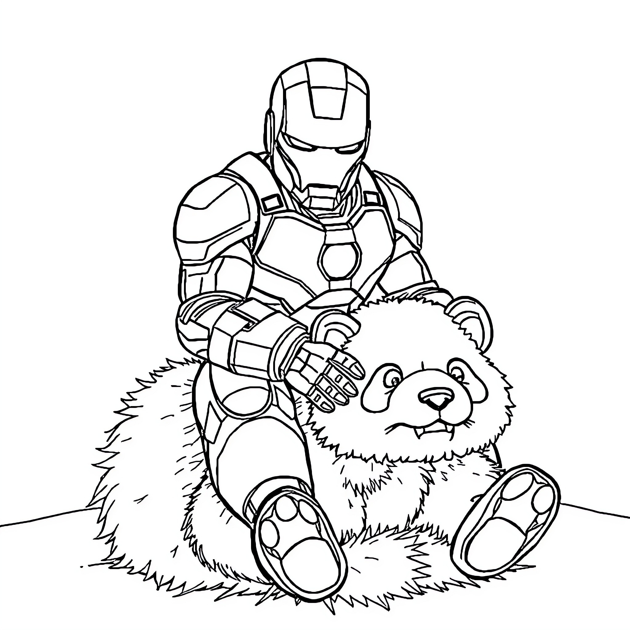 Iron Man Comforting Plush Teddy Bear Coloring Page (free black-and-white line drawing printable PDF for all, from beginners to advanced learners, including children, teens, adults, and seniors)