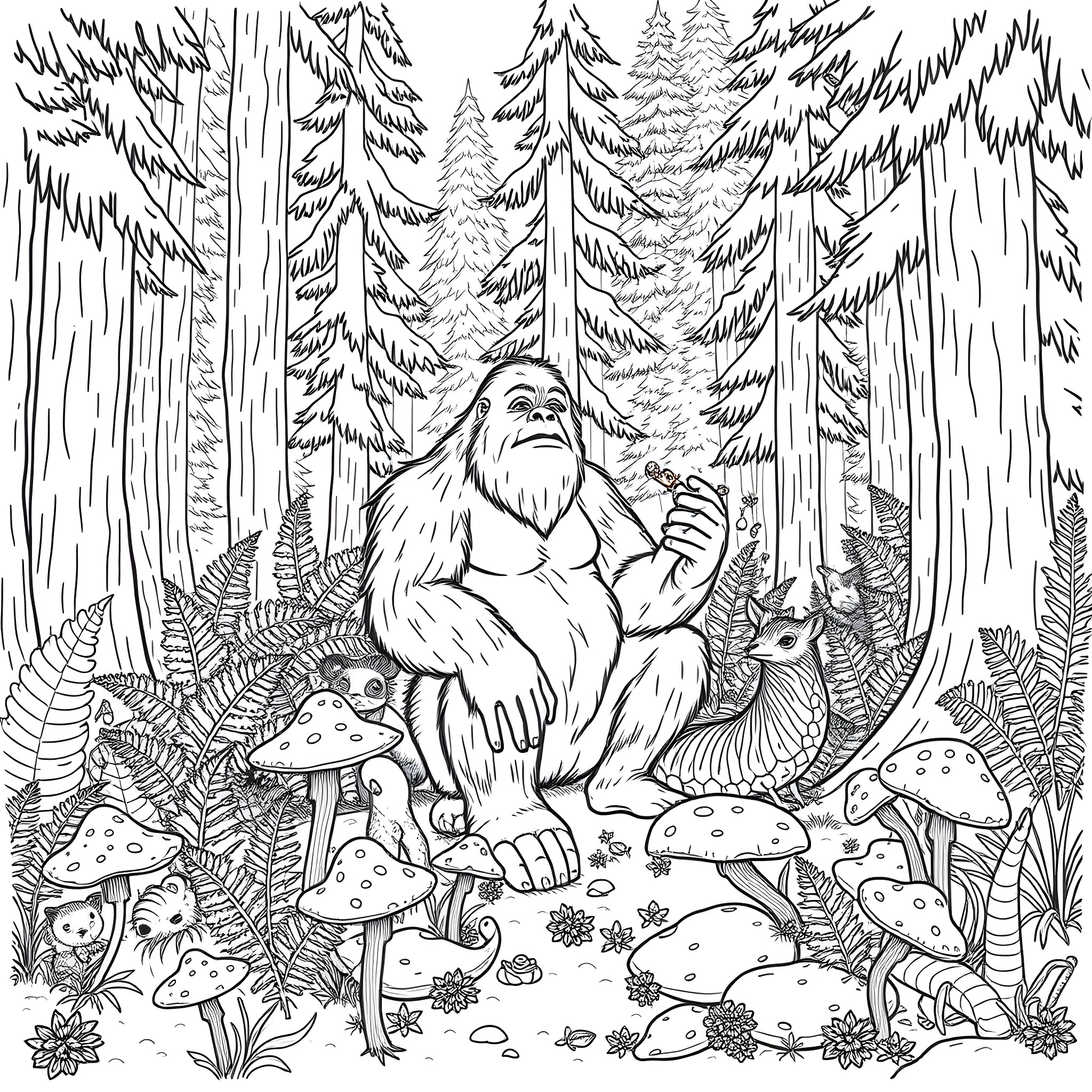 Bigfoot exploring the enchanted forest Coloring Page (free black-and-white line drawing printable PDF for all, from beginners to advanced learners, including children, teens, adults, and seniors)