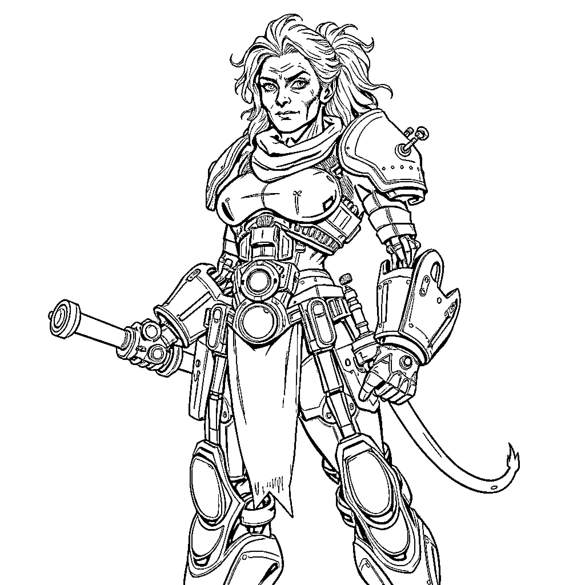 Cyborg warrior with futuristic weaponry Coloring Page (free black-and-white line drawing printable PDF for all, from beginners to advanced learners, including children, teens, adults, and seniors)