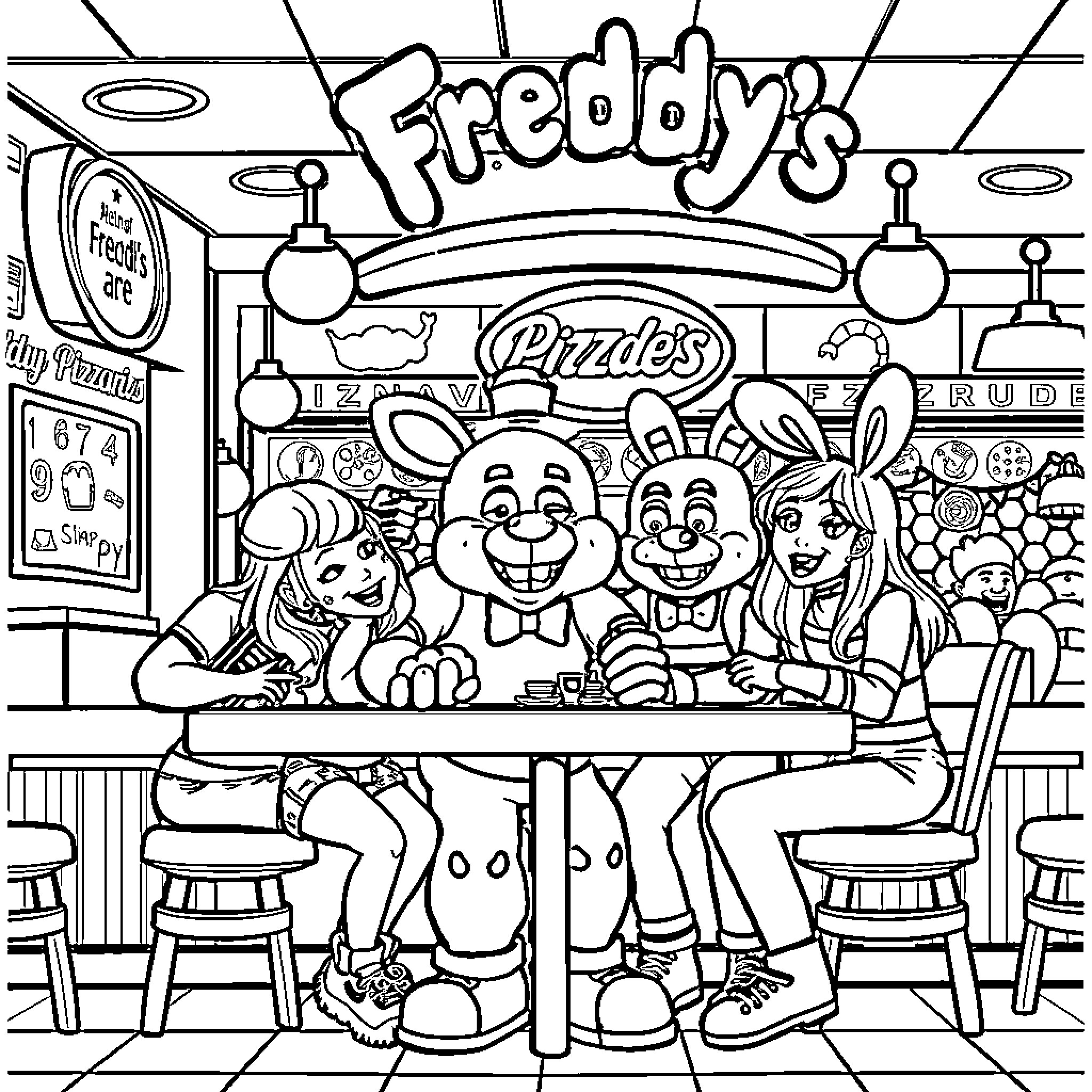 Five Nights At Freddy's Characters in Pizzeria Coloring Page (free black-and-white line drawing printable PDF for all, from beginners to advanced learners, including children, teens, adults, and seniors)