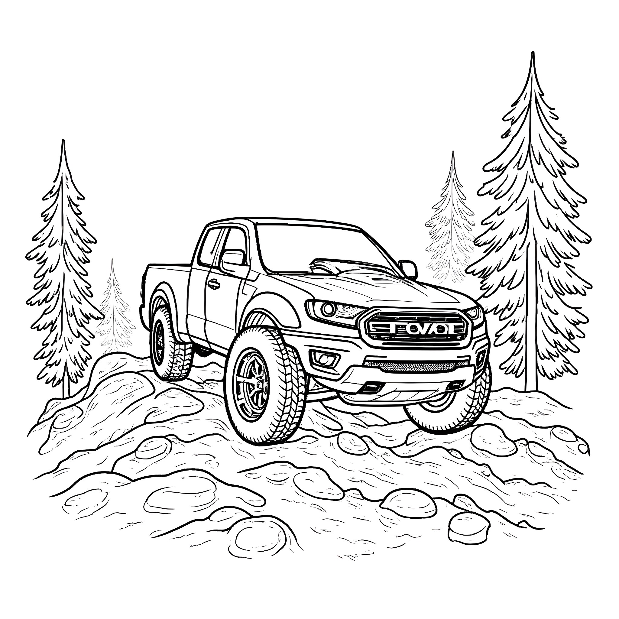 Pickup Truck Navigating Rocky Terrain in the Forest Coloring Page (free black-and-white line drawing printable PDF for all, from beginners to advanced learners, including children, teens, adults, and seniors)