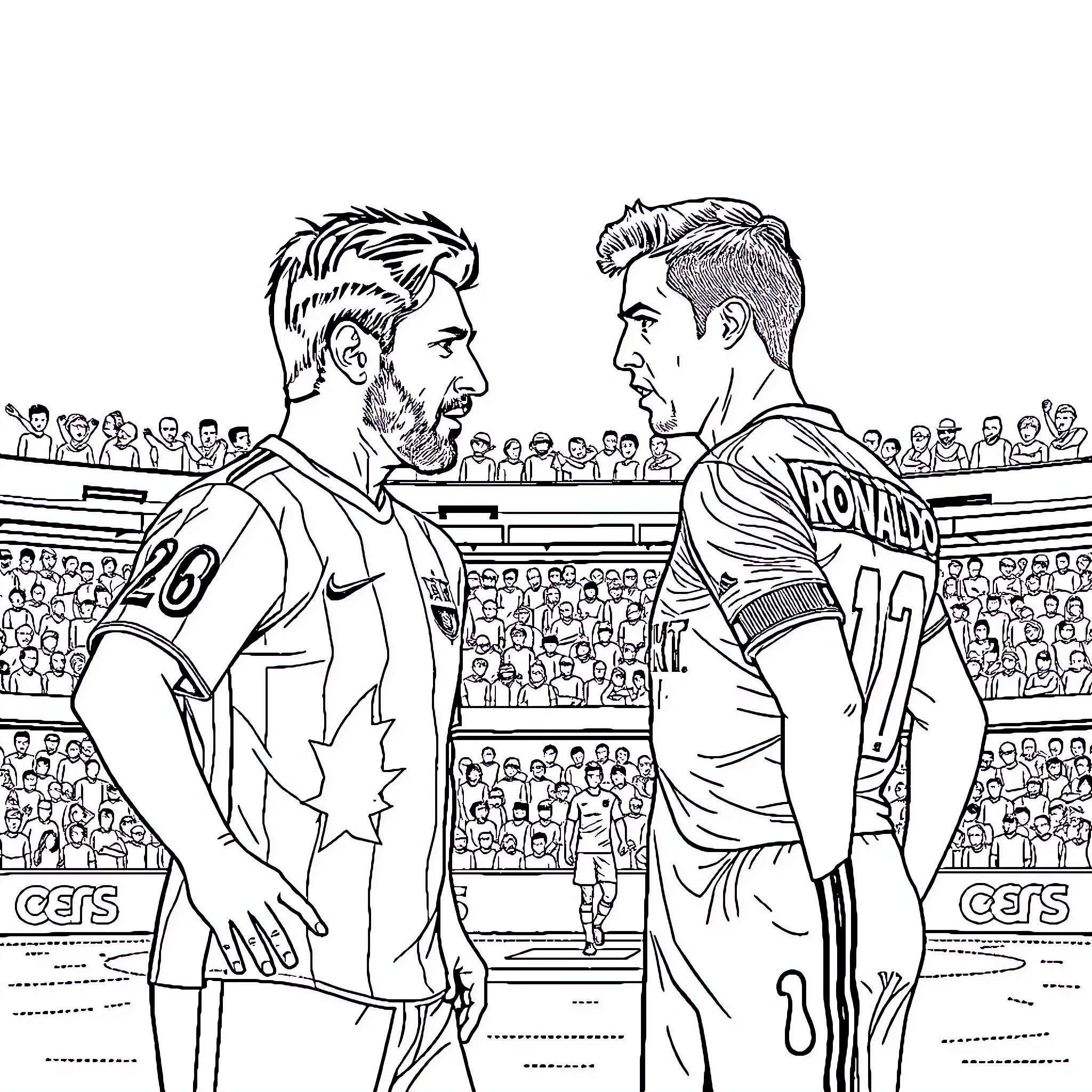 Messi and Ronaldo face off on the soccer field Coloring Page (free black-and-white line drawing printable PDF for all, from beginners to advanced learners, including children, teens, adults, and seniors)
