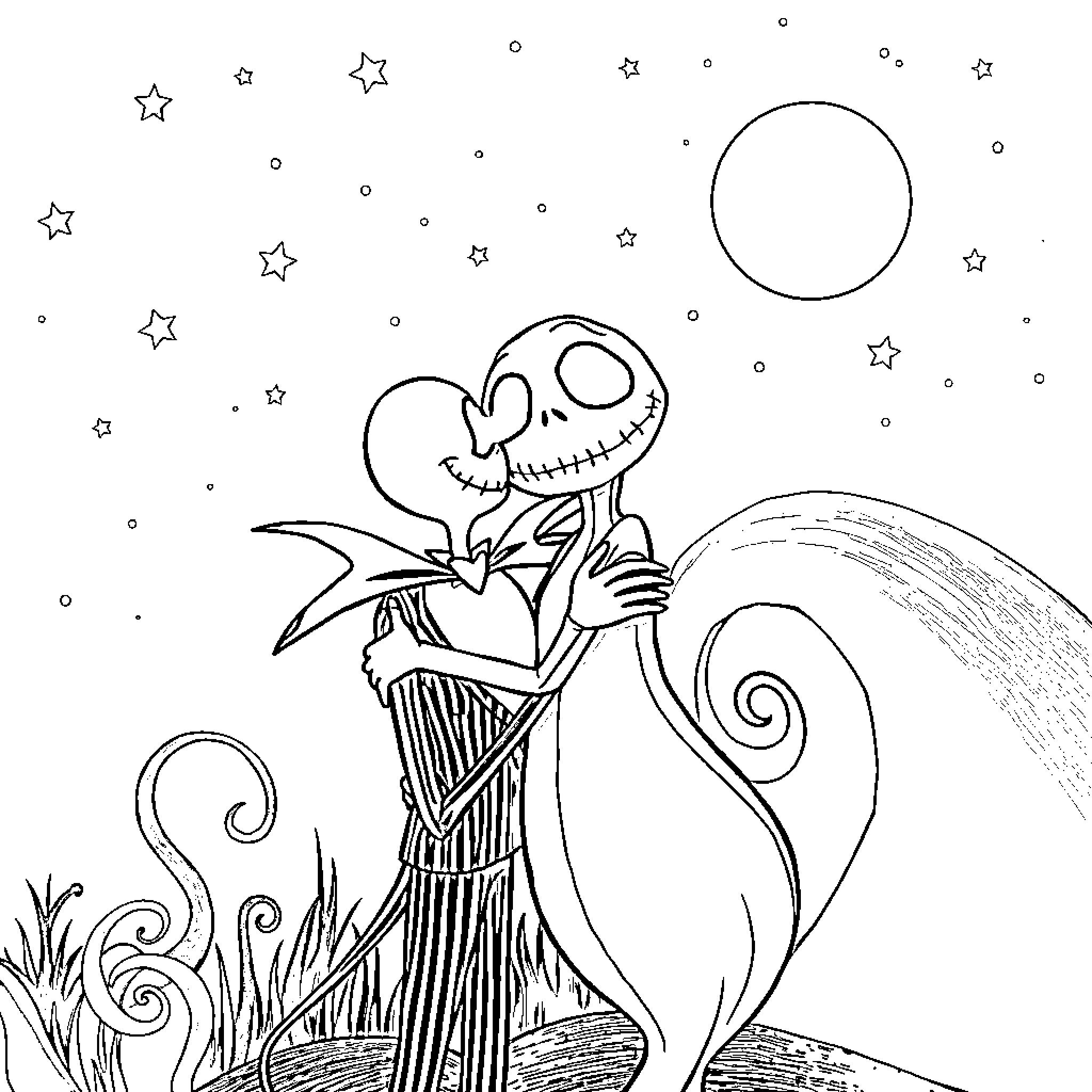 Jack Skellington in a whimsical night scene Coloring Page (free black-and-white line drawing printable PDF for all, from beginners to advanced learners, including children, teens, adults, and seniors)