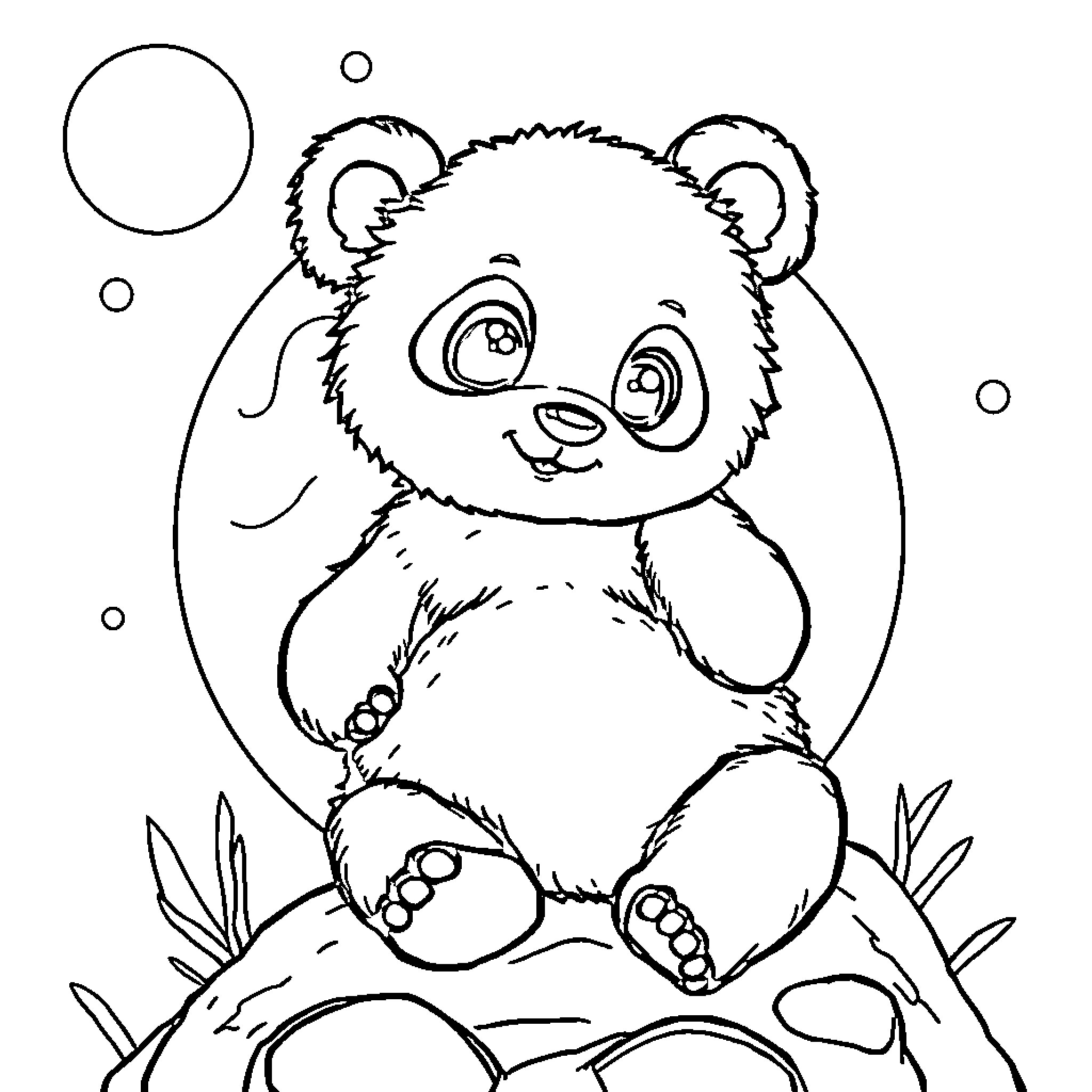 Panda sitting adorably on grass Coloring Page (free black-and-white line drawing printable PDF for all, from beginners to advanced learners, including children, teens, adults, and seniors)