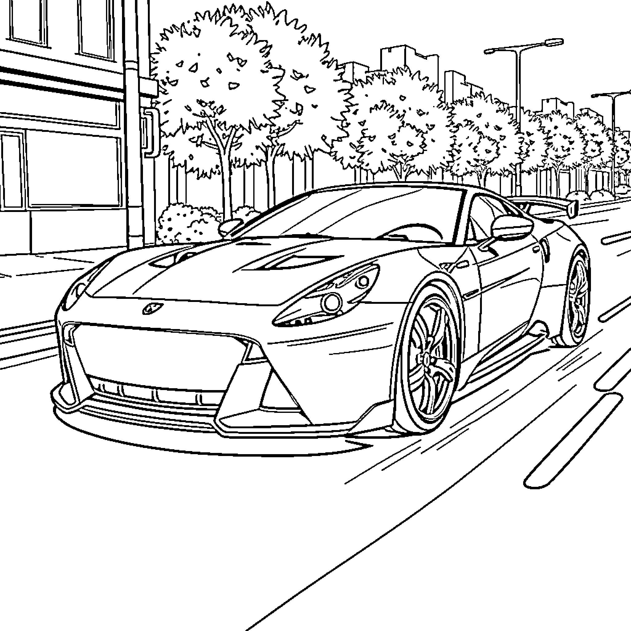 Sport Car speeding down the city street Coloring Page (free black-and-white line drawing printable PDF for all, from beginners to advanced learners, including children, teens, adults, and seniors)