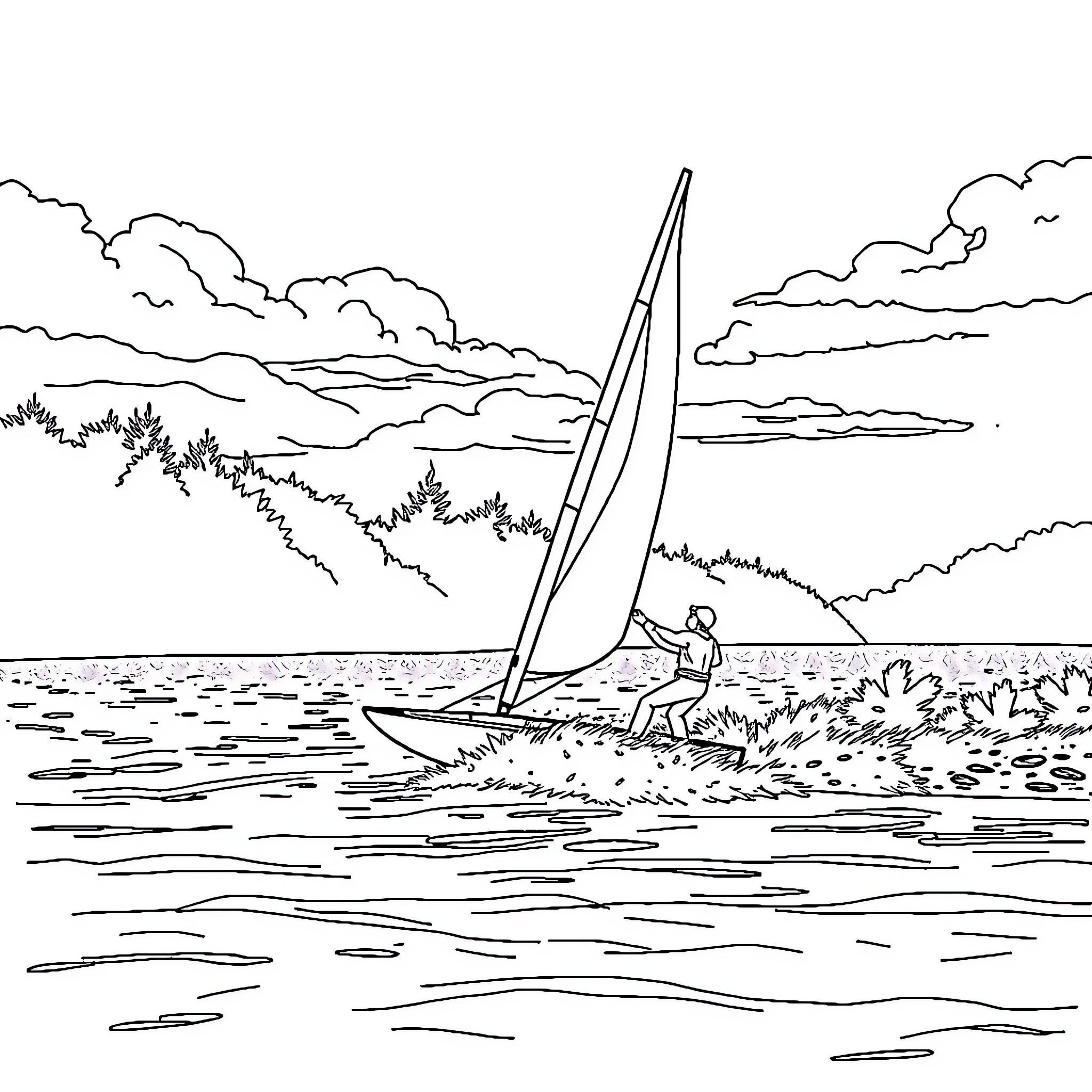Watersailer enjoying the scenic lakeside journey Coloring Page (free black-and-white line drawing printable PDF for all, from beginners to advanced learners, including children, teens, adults, and seniors)