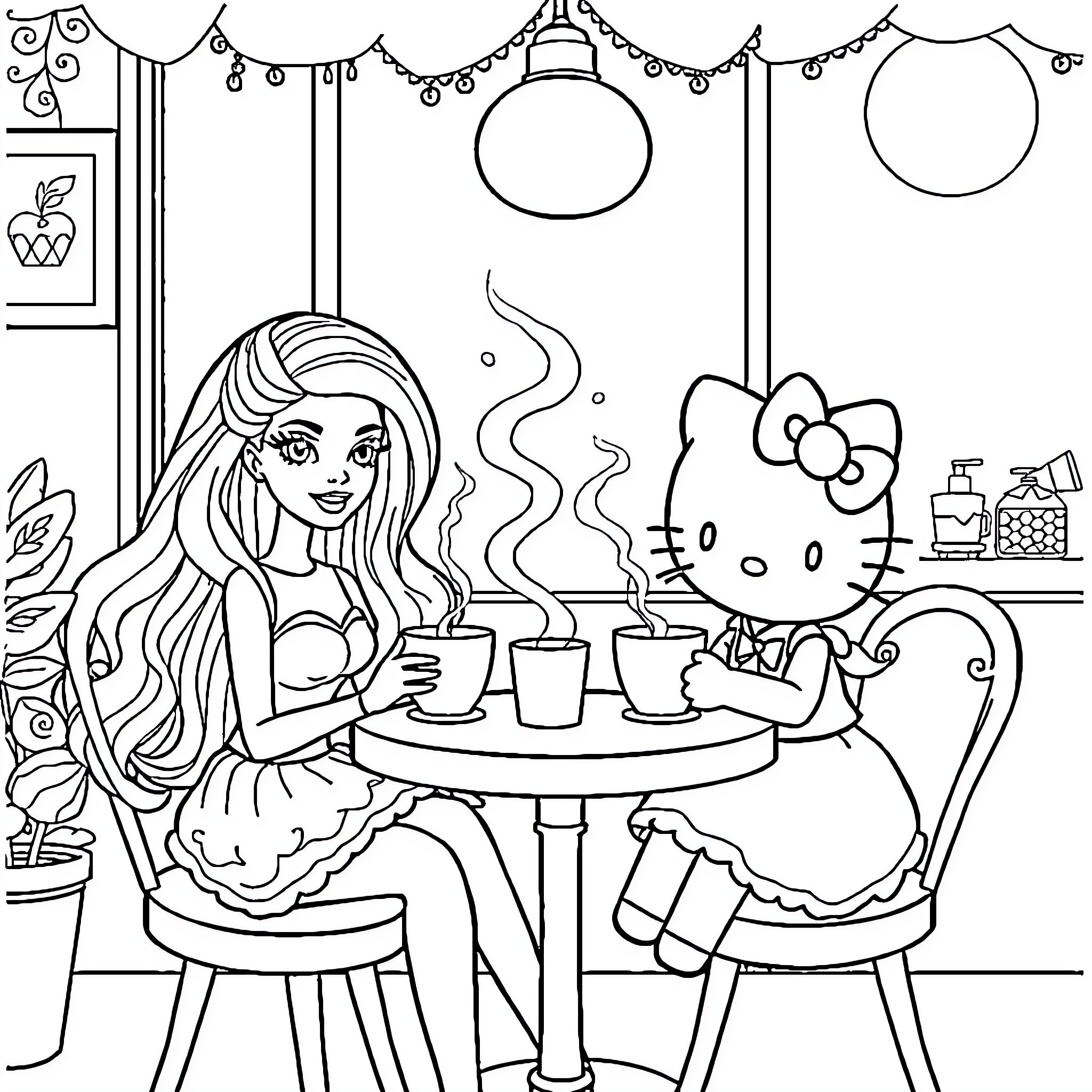Barbie and Hello Kitty enjoying tea time together Coloring Page (free black-and-white line drawing printable PDF for all, from beginners to advanced learners, including children, teens, adults, and seniors)