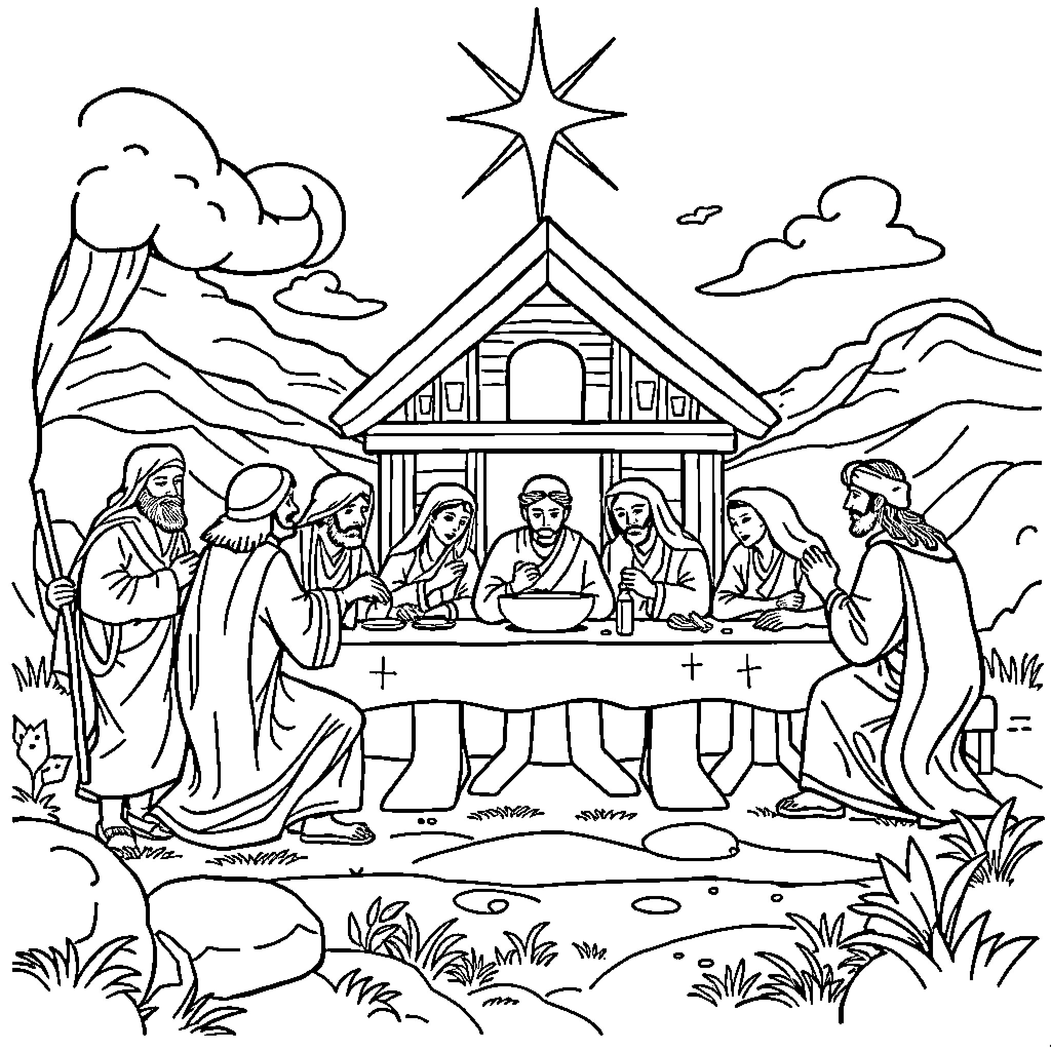 Bible Character Gathering for Communion in Mountain Landscape Coloring Page (free black-and-white line drawing printable PDF for all, from beginners to advanced learners, including children, teens, adults, and seniors)