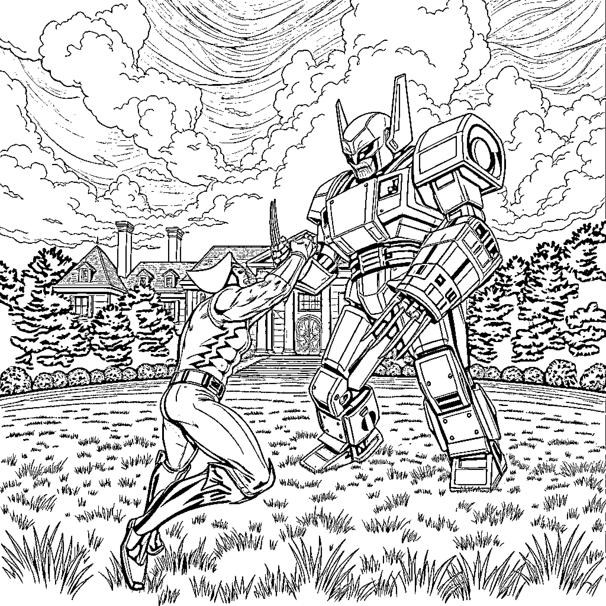 Wolverine Confronts Robotic Adversary in Idyllic Landscape Coloring Page (free black-and-white line drawing printable PDF for all, from beginners to advanced learners, including children, teens, adults, and seniors)