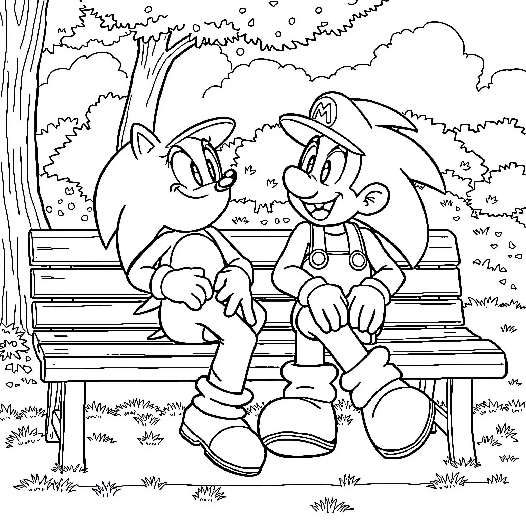 Sonic Characters Enjoying a Peaceful Moment in the Park Coloring Page (free black-and-white line drawing printable PDF for all, from beginners to advanced learners, including children, teens, adults, and seniors)