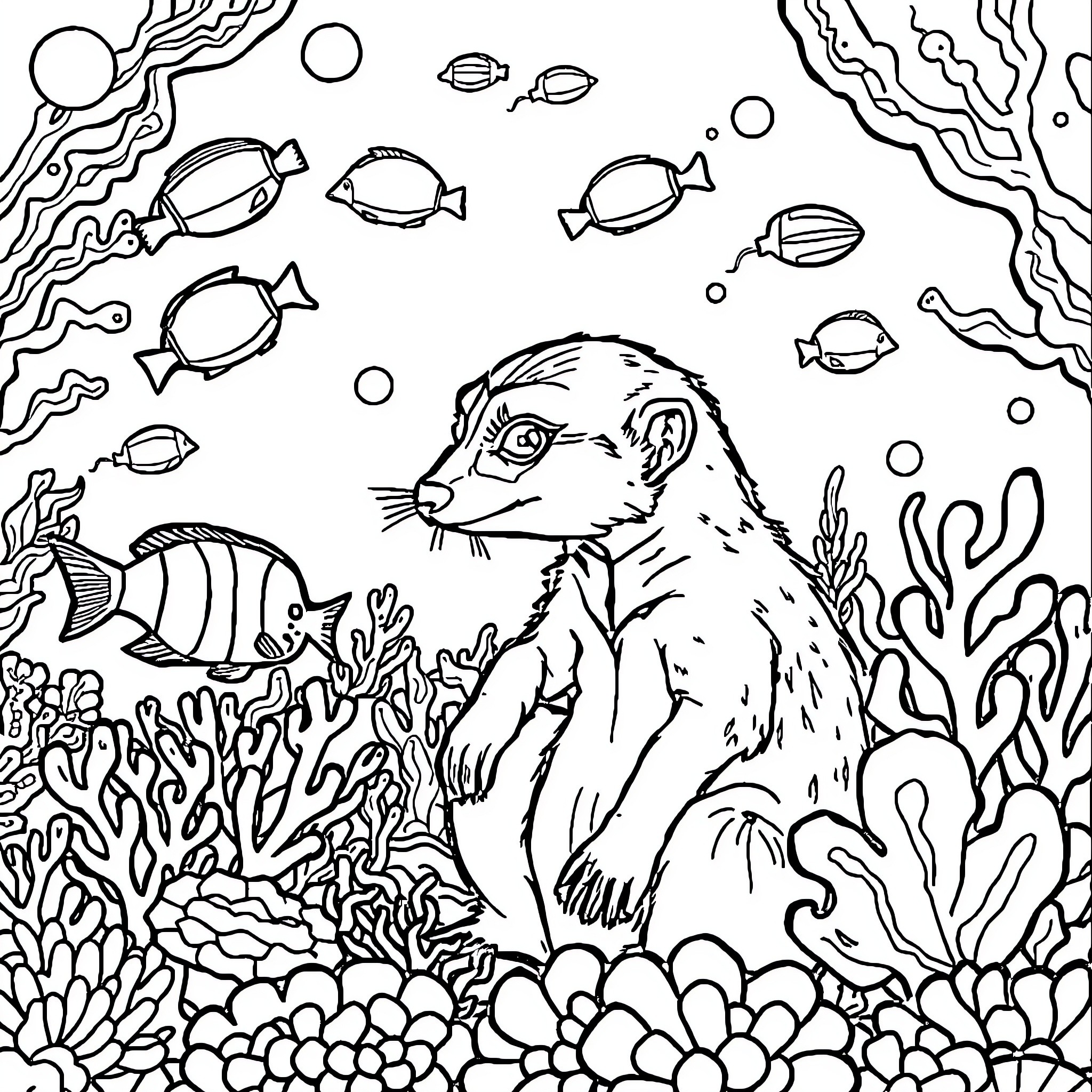 Meerkat exploring the underwater coral reef Coloring Page (free black-and-white line drawing printable PDF for all, from beginners to advanced learners, including children, teens, adults, and seniors)