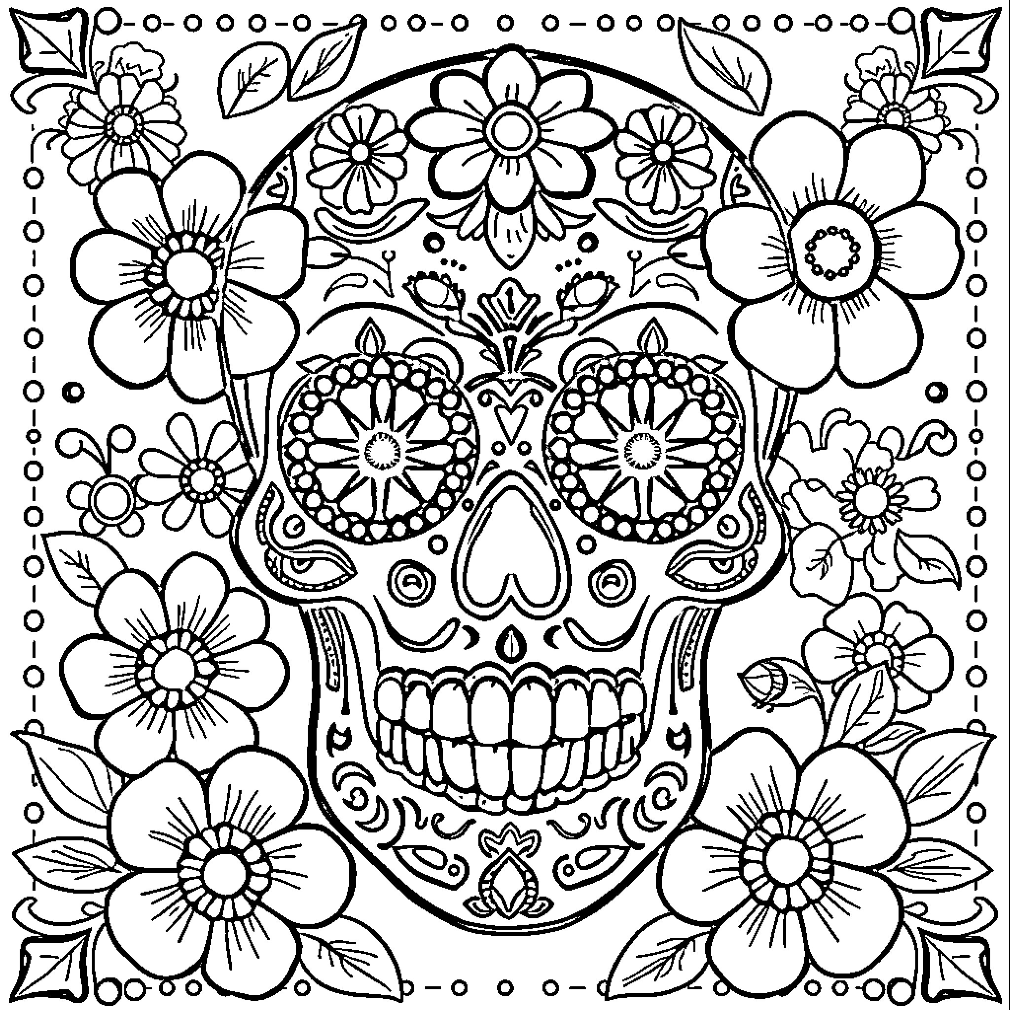 Sugar Skull with Vibrant Floral Decorations Coloring Page (free black-and-white line drawing printable PDF for all, from beginners to advanced learners, including children, teens, adults, and seniors)