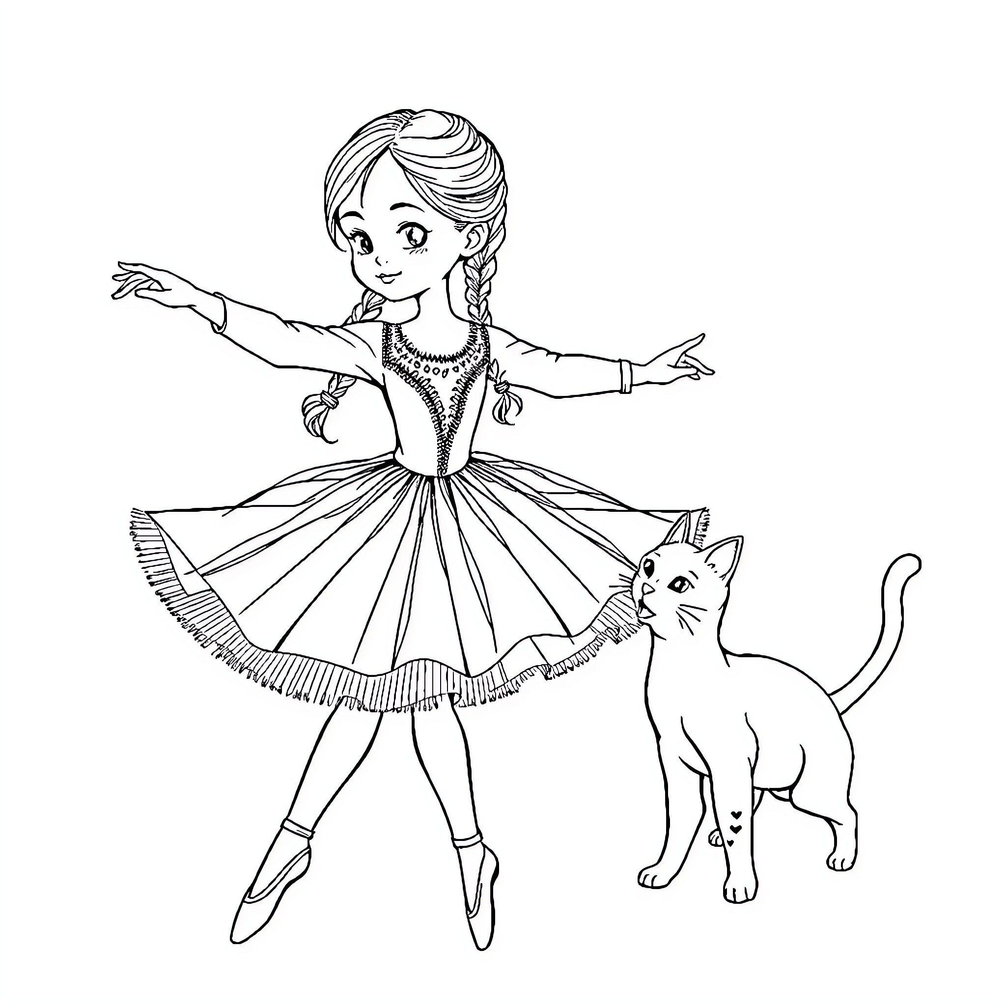 Ballet Dancer Performing with Feline Companion Coloring Page (free black-and-white line drawing printable PDF for all, from beginners to advanced learners, including children, teens, adults, and seniors)