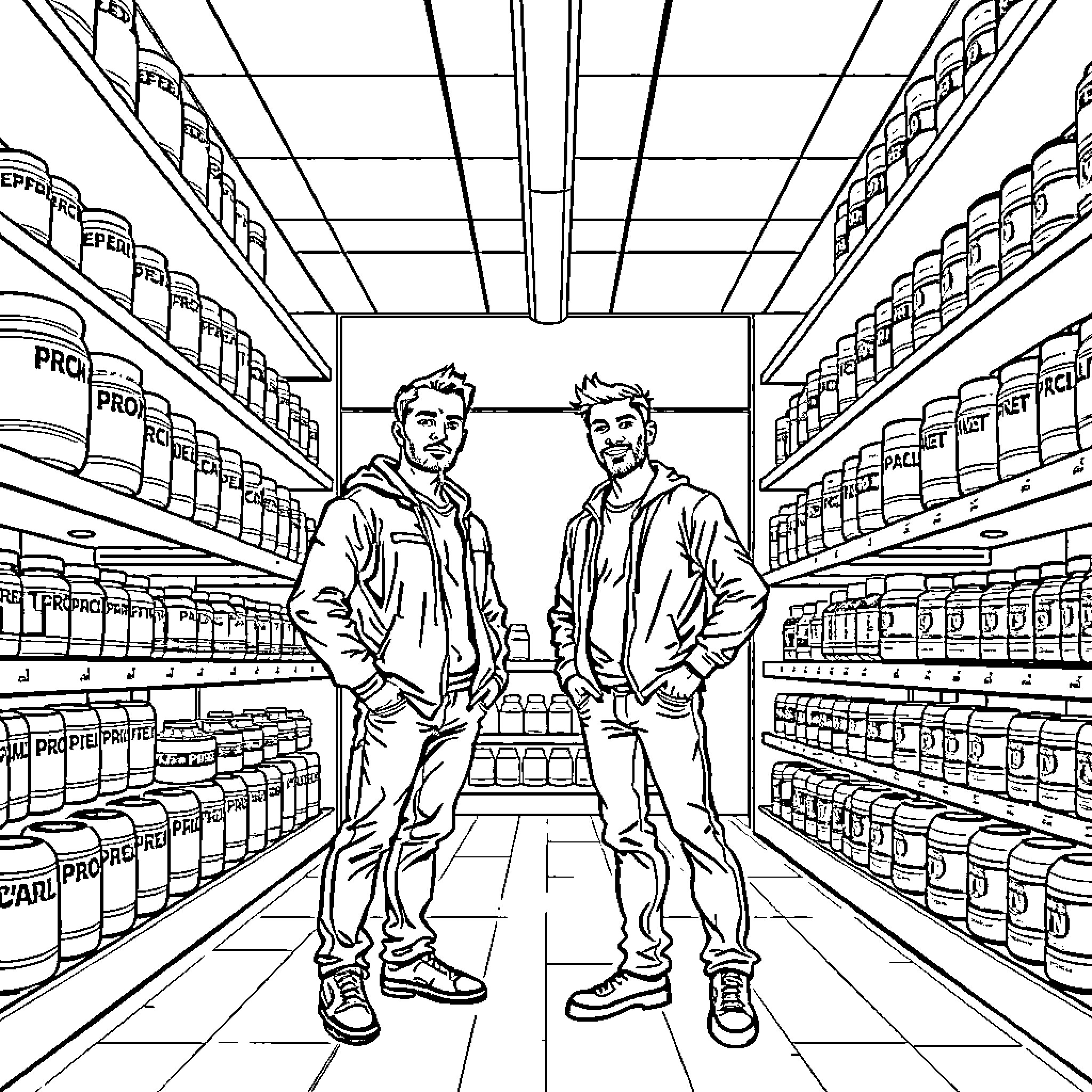 Man in casual outfit exploring products in grocery store Coloring Page (free black-and-white line drawing printable PDF for all, from beginners to advanced learners, including children, teens, adults, and seniors)