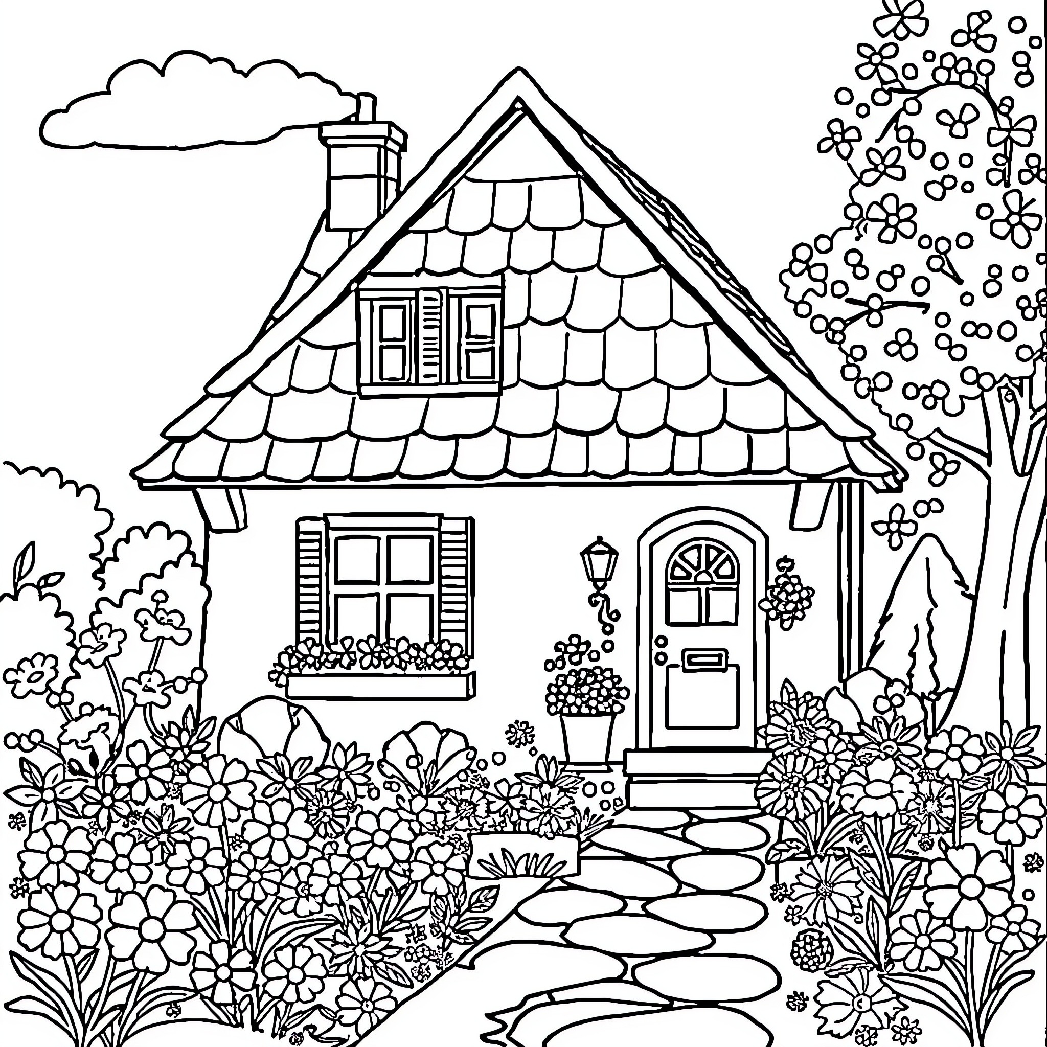 House with a cozy garden scene Coloring Page (free black-and-white line drawing printable PDF for all, from beginners to advanced learners, including children, teens, adults, and seniors)