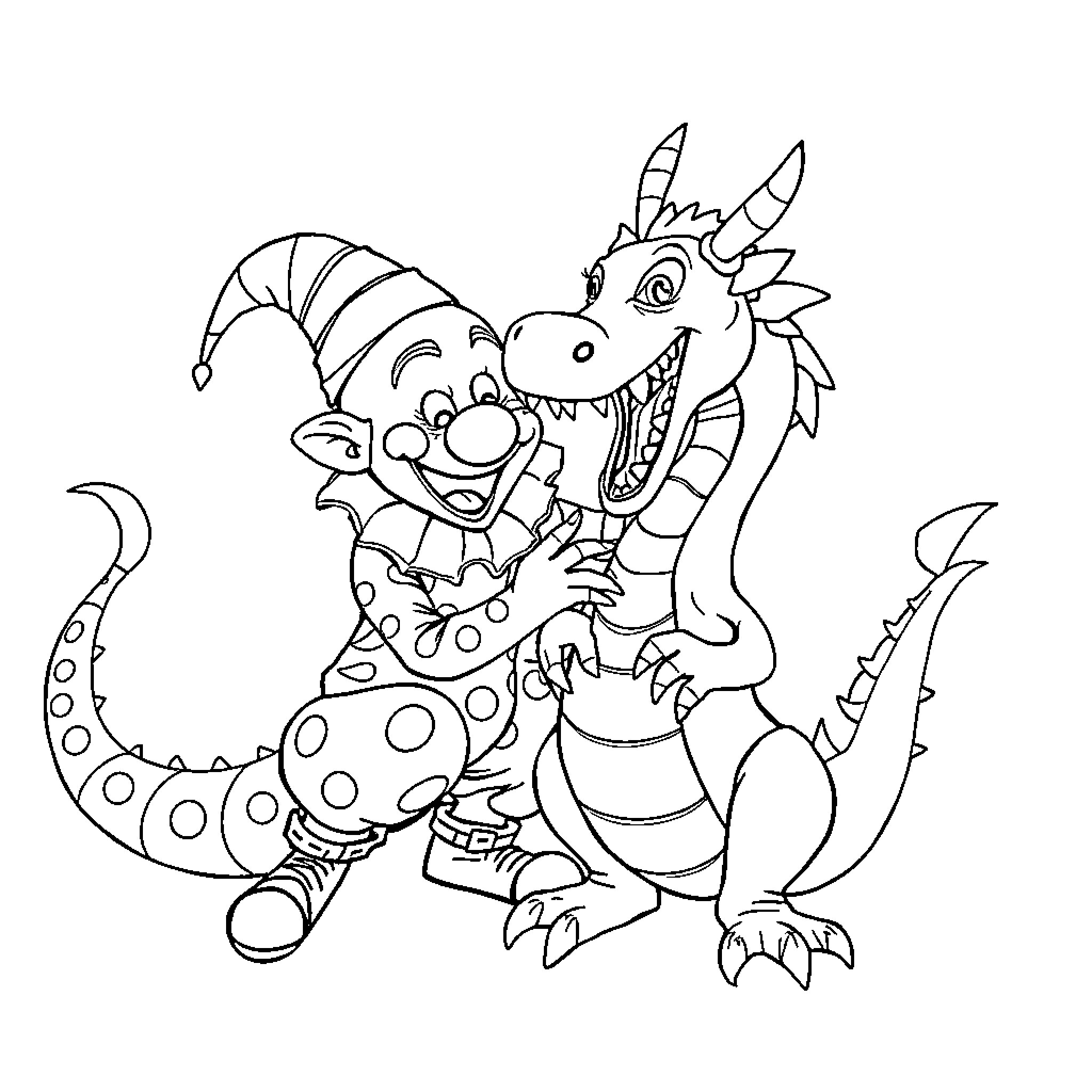 Clown and dragon playing together happily Coloring Page (free black-and-white line drawing printable PDF for all, from beginners to advanced learners, including children, teens, adults, and seniors)