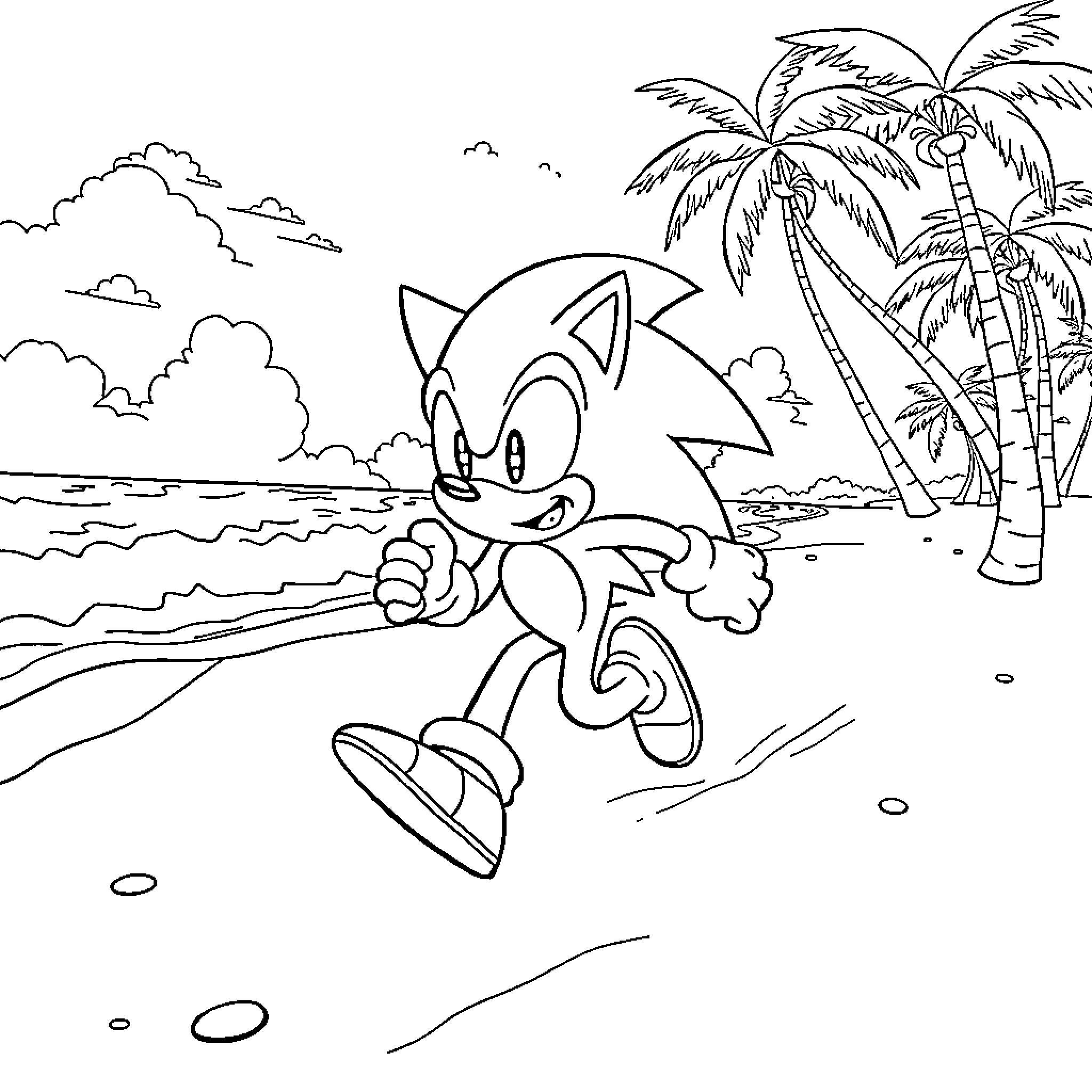 Sonic racing on the beach with palm trees Coloring Page (free black-and-white line drawing printable PDF for all, from beginners to advanced learners, including children, teens, adults, and seniors)